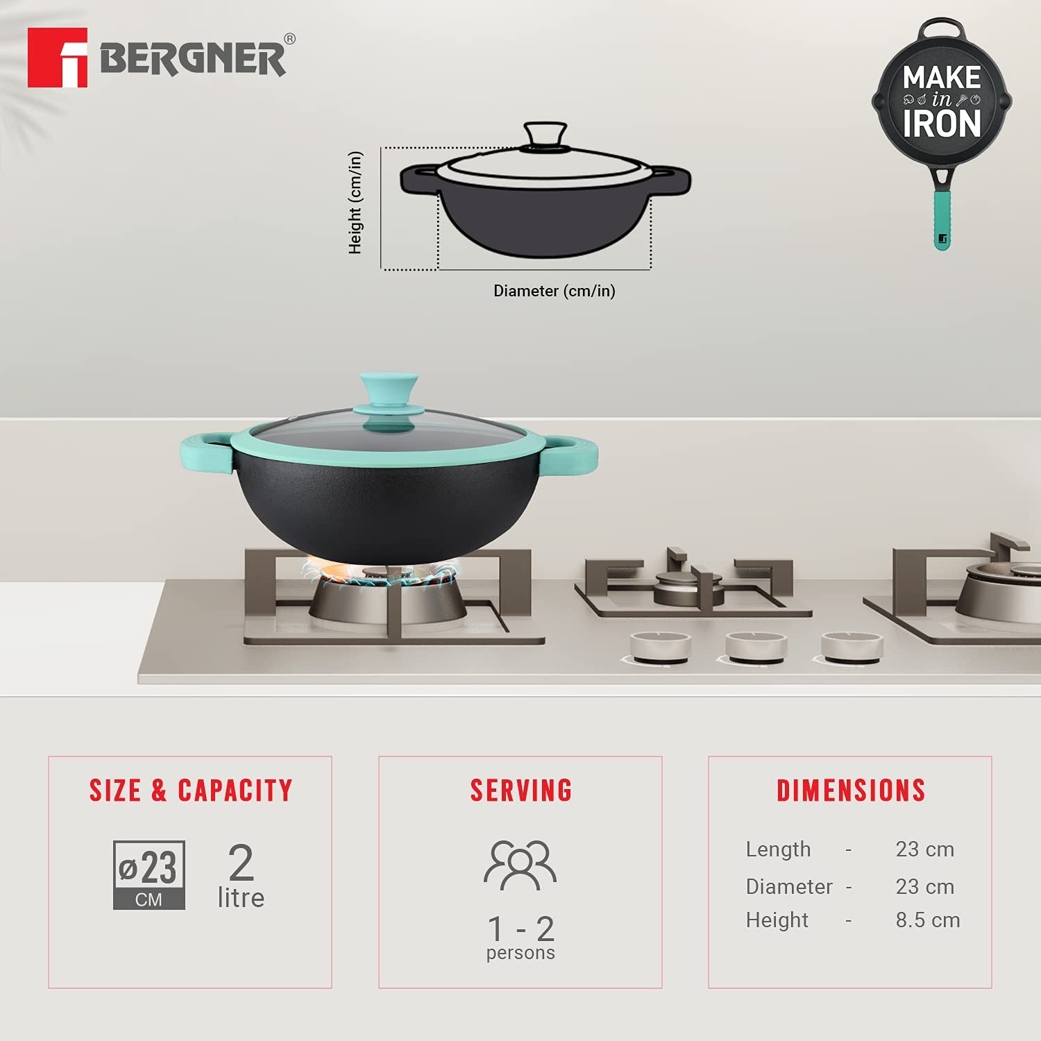 Bergner Elements Pre-Seasoned Cast Iron 23cm (2.8 Liters) Kadai with Glass Lid, Comes with Silicon Handle Sleeves - Induction Bottom (Teal)