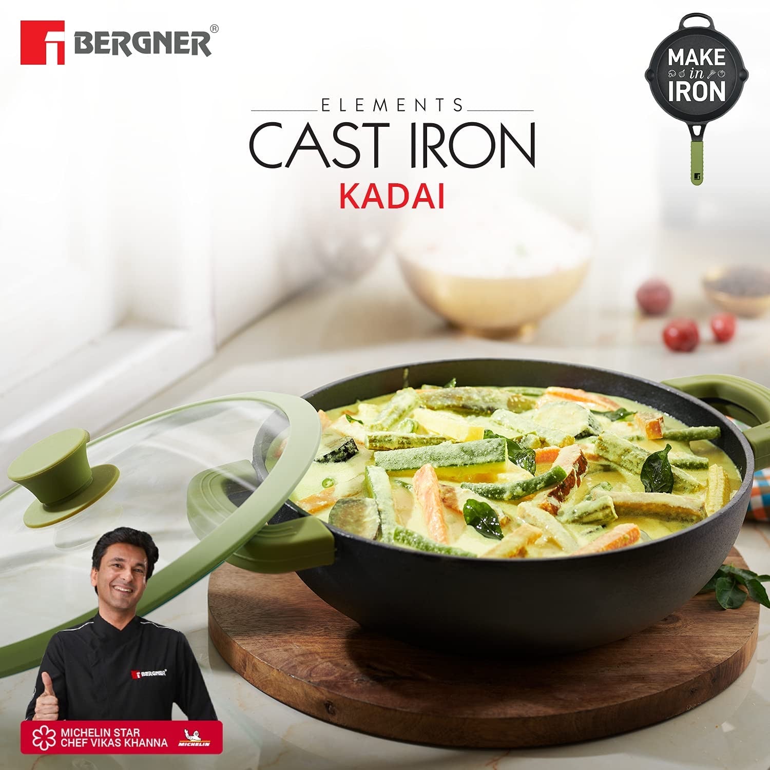 Bergner Elements Pre-Seasoned Cast Iron 23cm (2.8 Liters) Kadai with Glass Lid, Comes with Silicon Handle Sleeves - Induction Bottom (Olive Green)