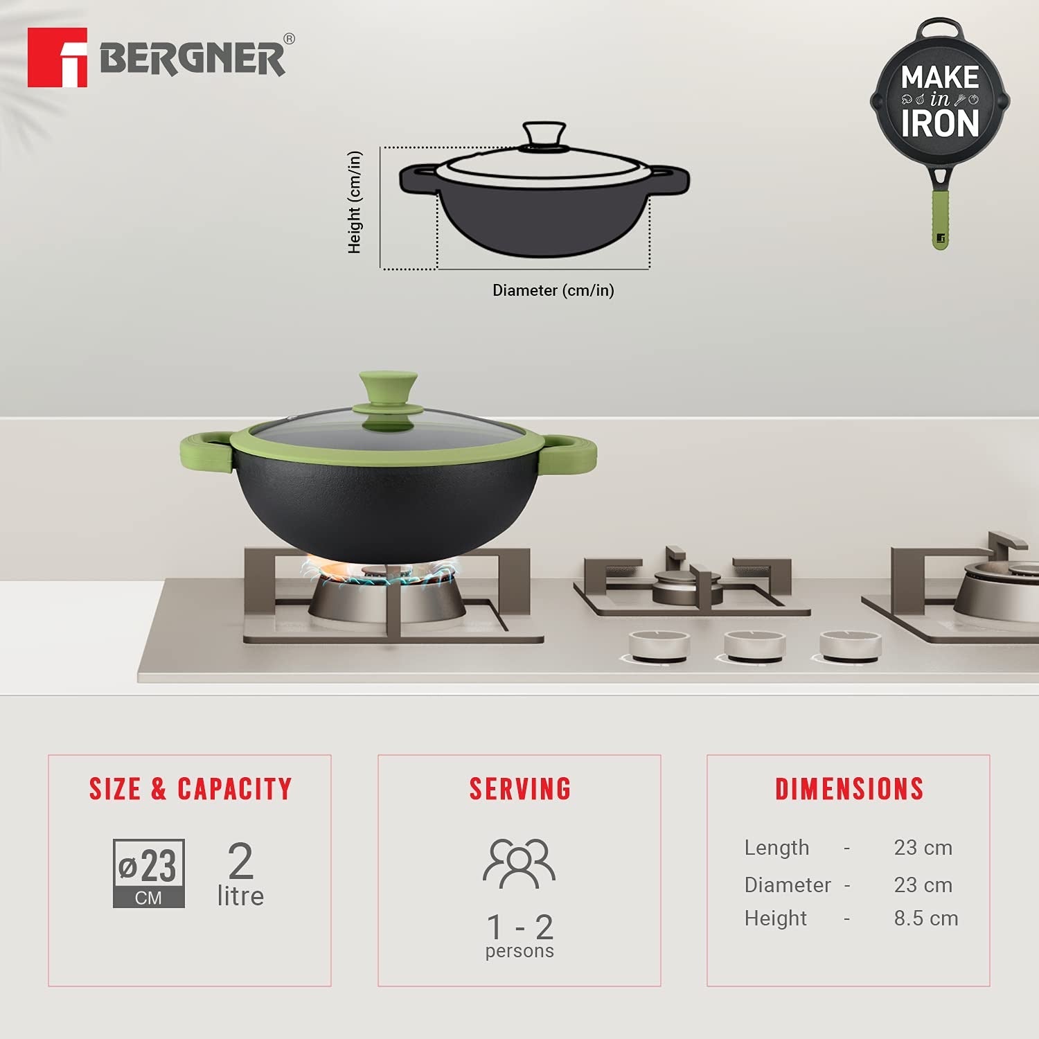 Bergner Elements Pre-Seasoned Cast Iron 23cm (2.8 Liters) Kadai with Glass Lid, Comes with Silicon Handle Sleeves - Induction Bottom (Olive Green)