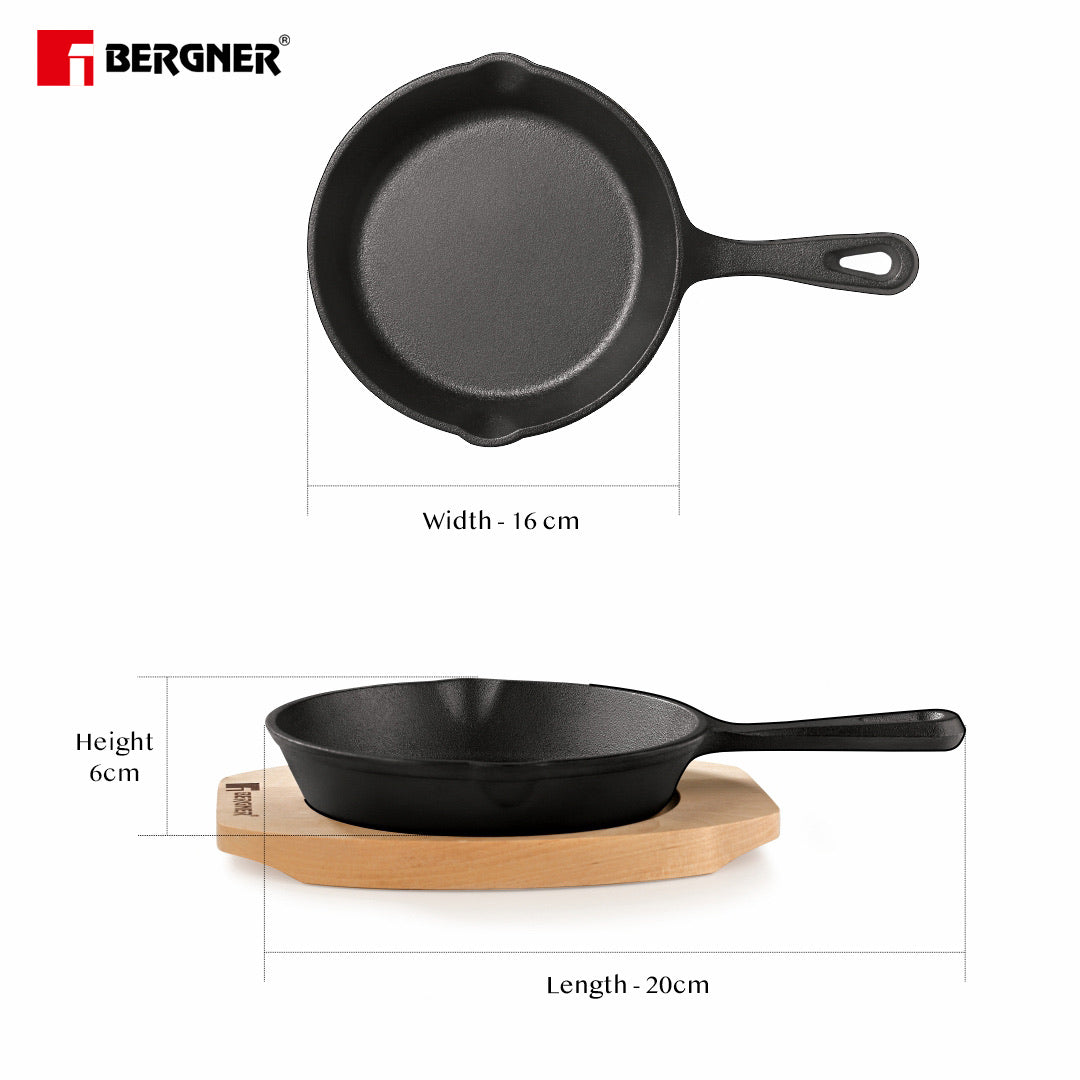 Bergner Cook & Share 15 cm (400ml) Cast Iron Mini Frypan, Comes with Wooden Tray, Induction Bottom