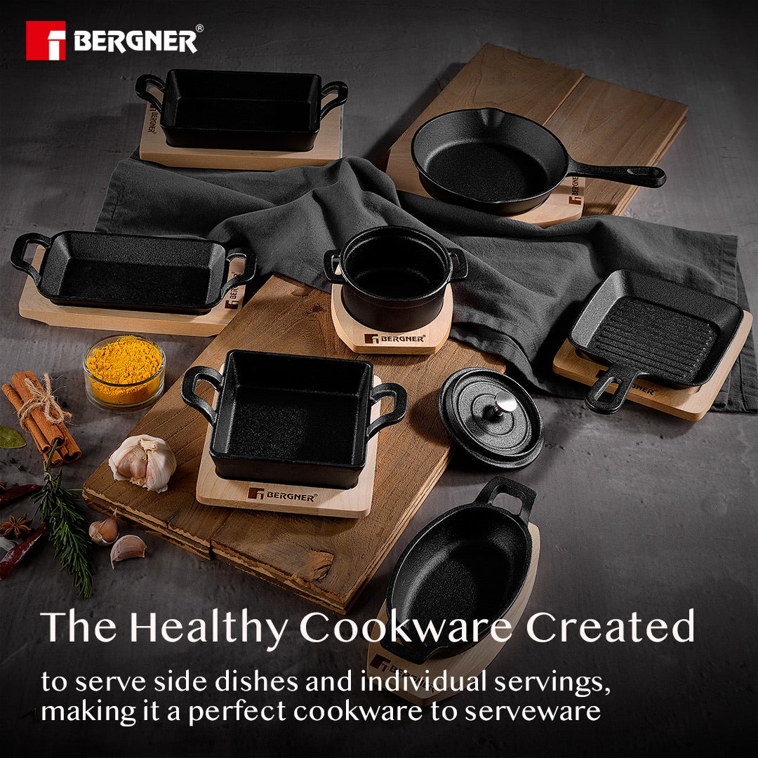 Bergner Cook & Share 15 cm (400ml) Cast Iron Mini Frypan, Comes with Wooden Tray, Induction Bottom