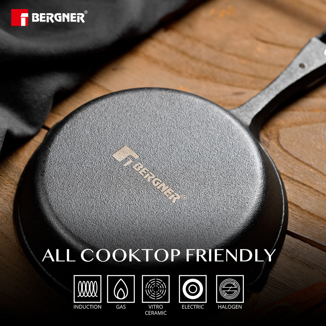 Bergner Cook & Share 15 cm (400ml) Cast Iron Mini Frypan, Comes with Wooden Tray, Induction Bottom