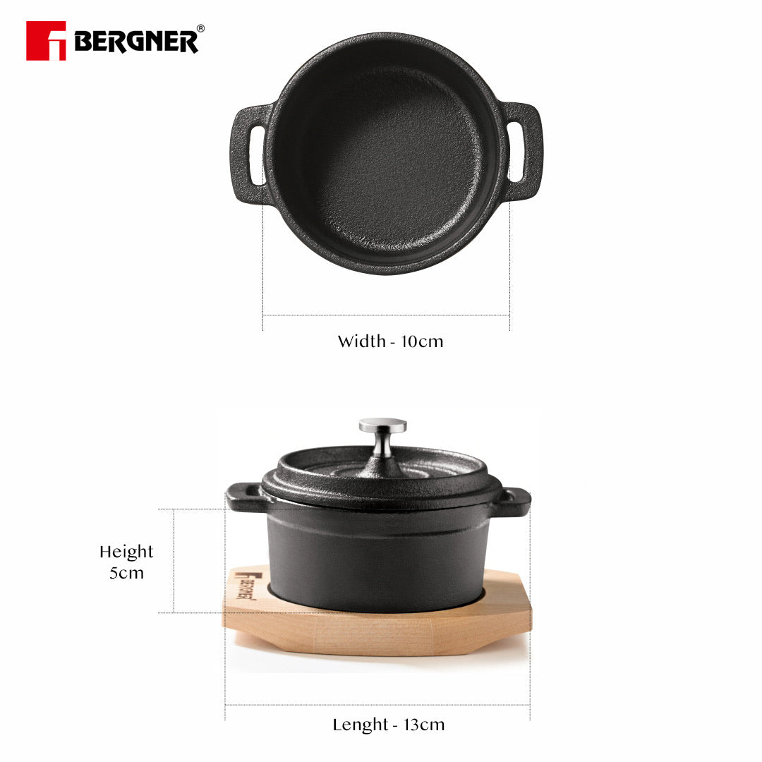 Bergner Cook & Share 10 cm (265ml) Cast Iron Mini Casserole with Lid, Comes with Wooden Tray - Induction Bottom