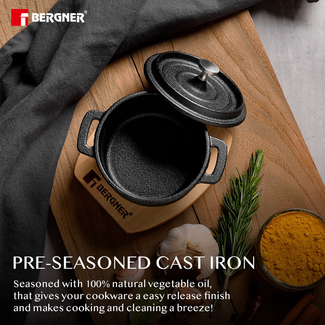 Bergner Cook & Share 10 cm (265ml) Cast Iron Mini Casserole with Lid, Comes with Wooden Tray - Induction Bottom