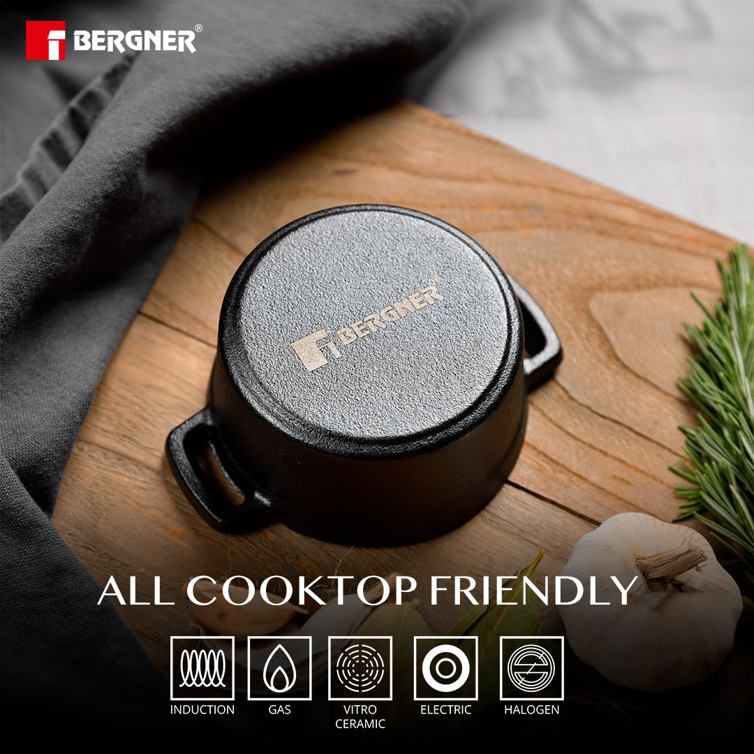 Bergner Cook & Share 10 cm (265ml) Cast Iron Mini Casserole with Lid, Comes with Wooden Tray - Induction Bottom