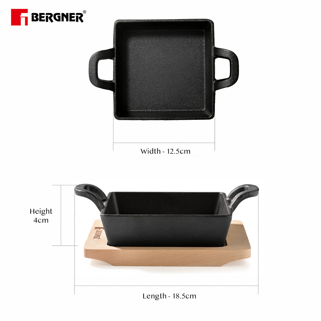 Bergner Cook & Share Cast Iron Mini Pan, Comes with Wooden Tray - Induction Bottom