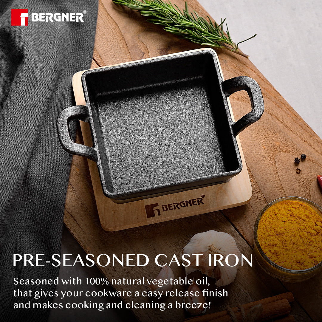 Bergner Cook & Share Cast Iron Mini Pan, Comes with Wooden Tray - Induction Bottom