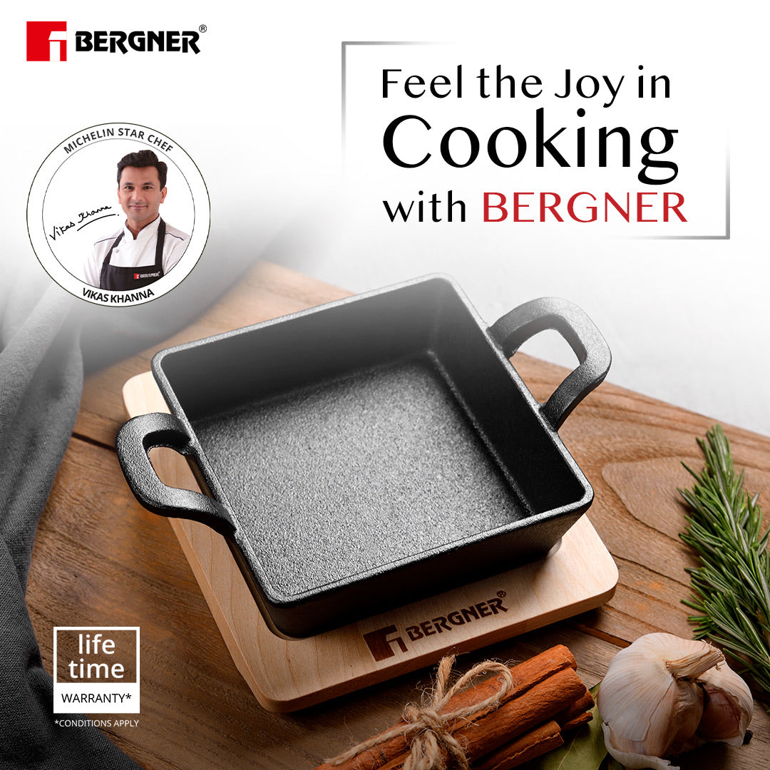 Bergner Cook & Share Cast Iron Mini Pan, Comes with Wooden Tray - Induction Bottom