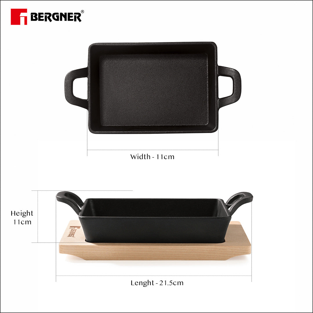 Bergner Cook & Share Cast Iron Mini Frypan, Comes with Wooden Tray - Induction Bottom