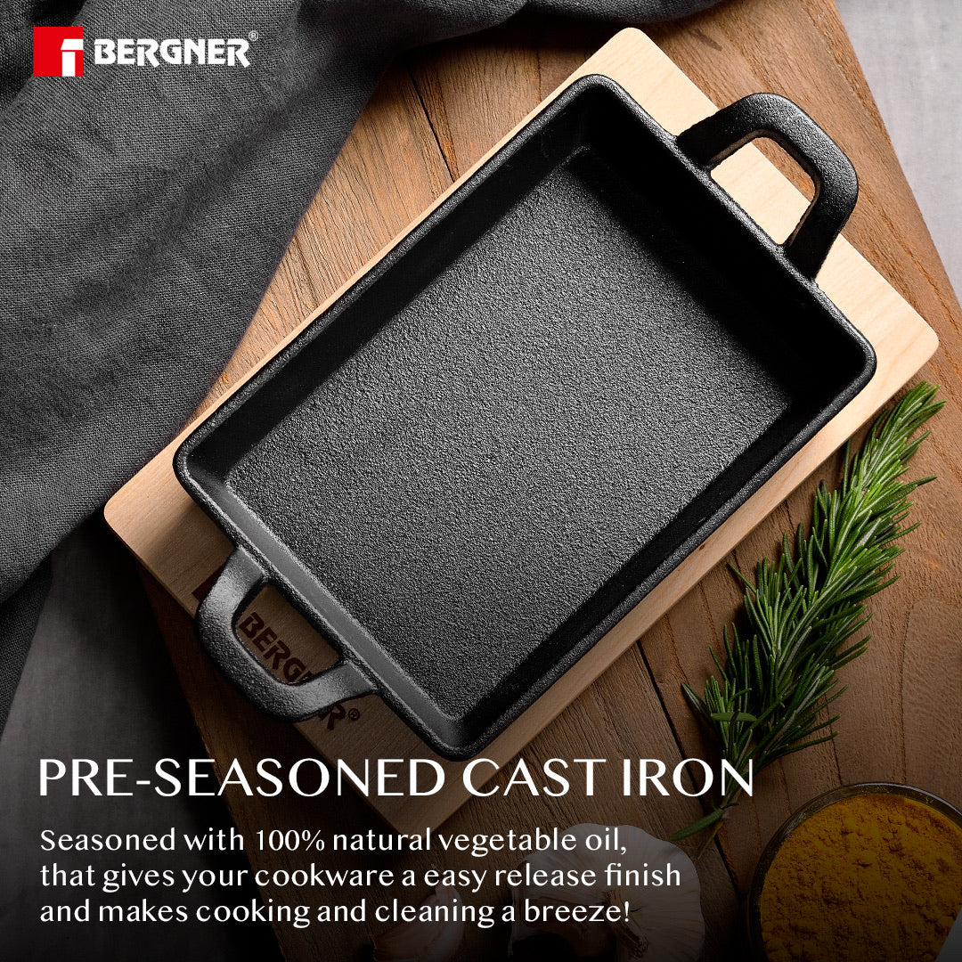 Bergner Cook & Share Cast Iron Mini Frypan, Comes with Wooden Tray - Induction Bottom