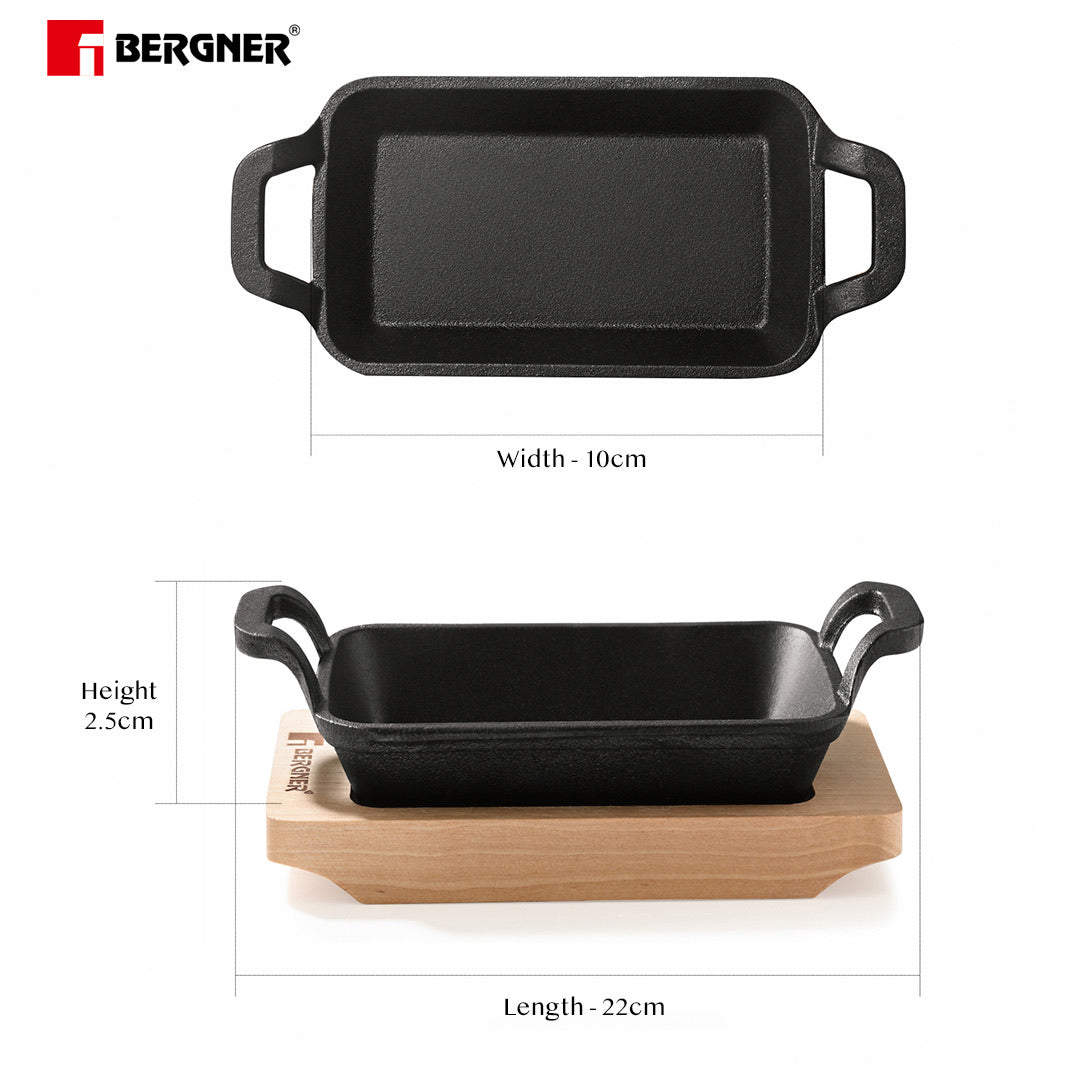 Bergner Cook & Share Cast Iron Mini Pan, Comes with Wooden Tray - Induction Bottom