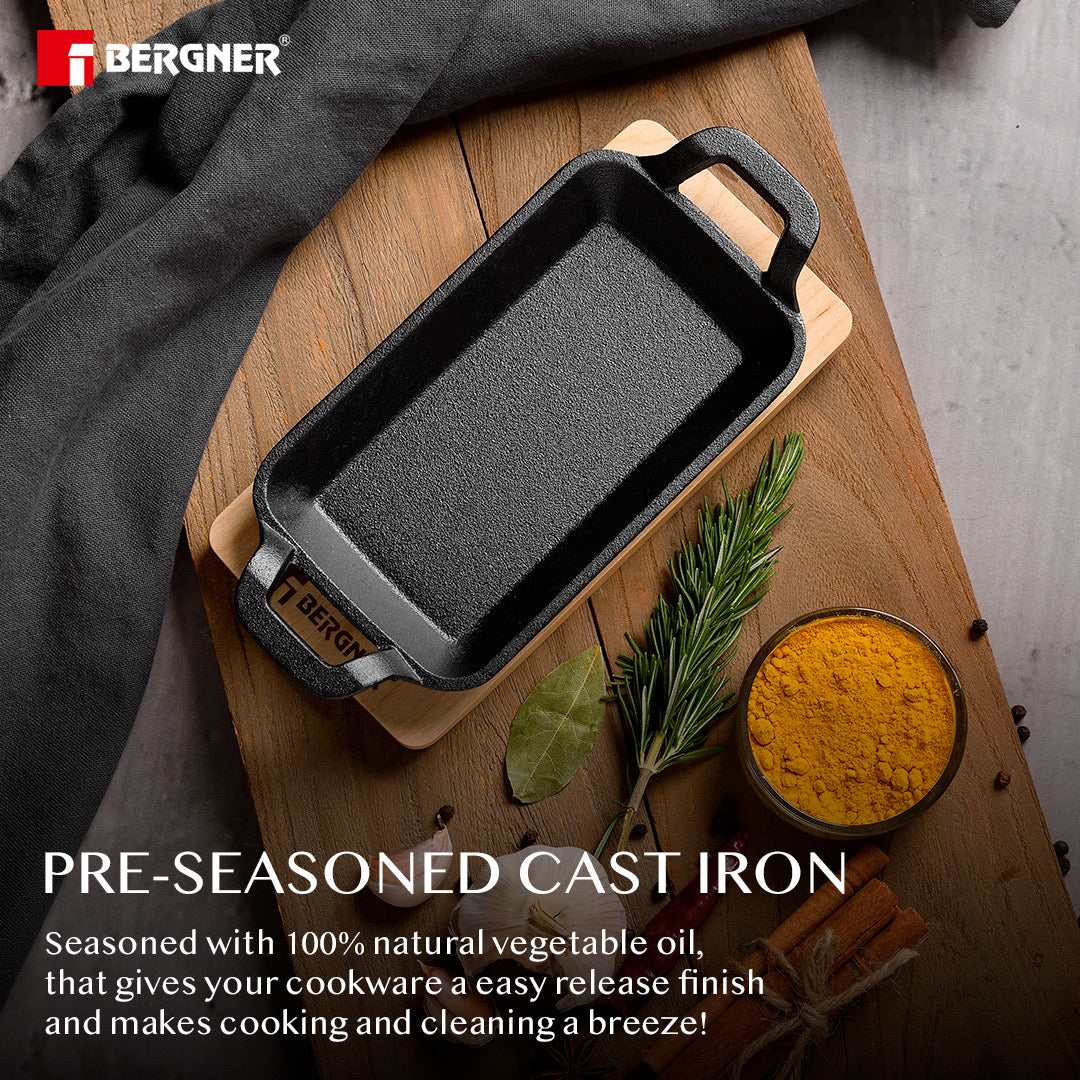 Bergner Cook & Share Cast Iron Mini Pan, Comes with Wooden Tray - Induction Bottom