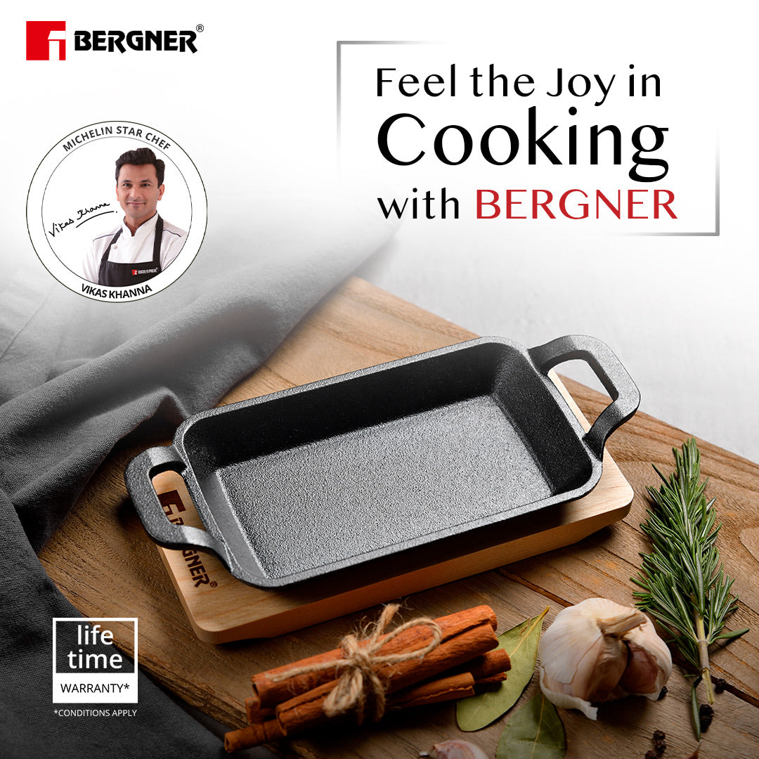 Bergner Cook & Share Cast Iron Mini Pan, Comes with Wooden Tray - Induction Bottom