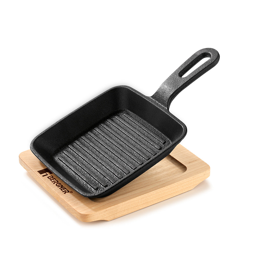 Bergner Cook & Share 13cm (240ml) Cast Iron Mini Pan, Comes with Wooden Tray - Induction Bottom