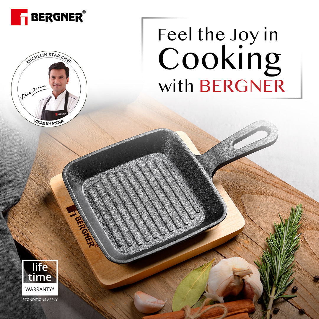 Bergner Cook & Share 13cm (240ml) Cast Iron Mini Pan, Comes with Wooden Tray - Induction Bottom