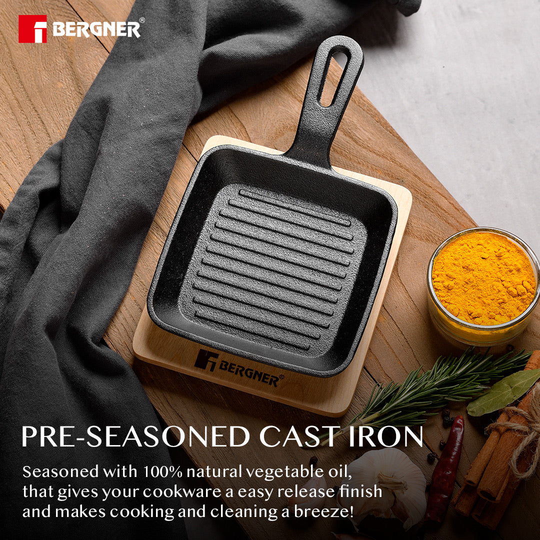 Bergner Cook & Share 13cm (240ml) Cast Iron Mini Pan, Comes with Wooden Tray - Induction Bottom