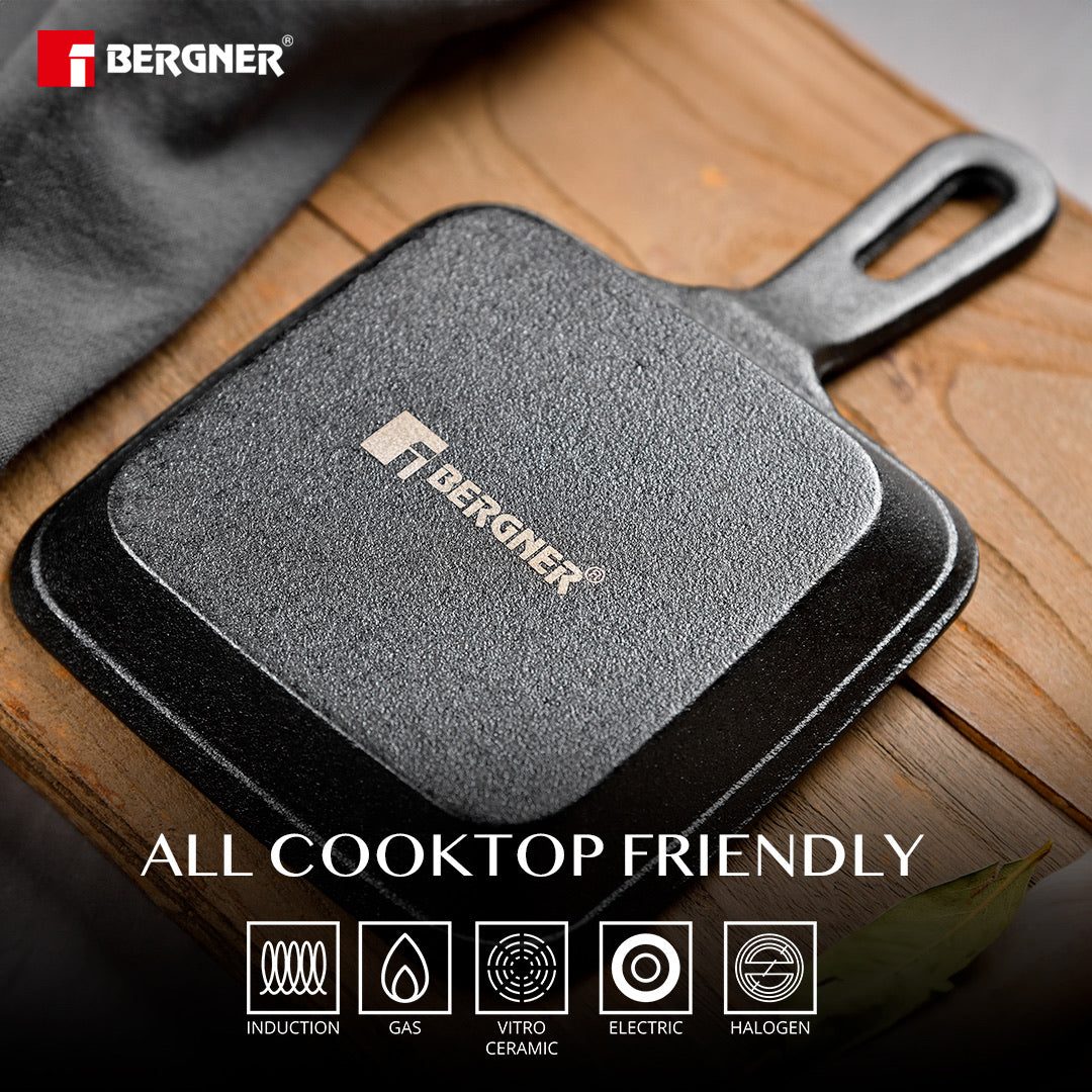 Bergner Cook & Share 13cm (240ml) Cast Iron Mini Pan, Comes with Wooden Tray - Induction Bottom