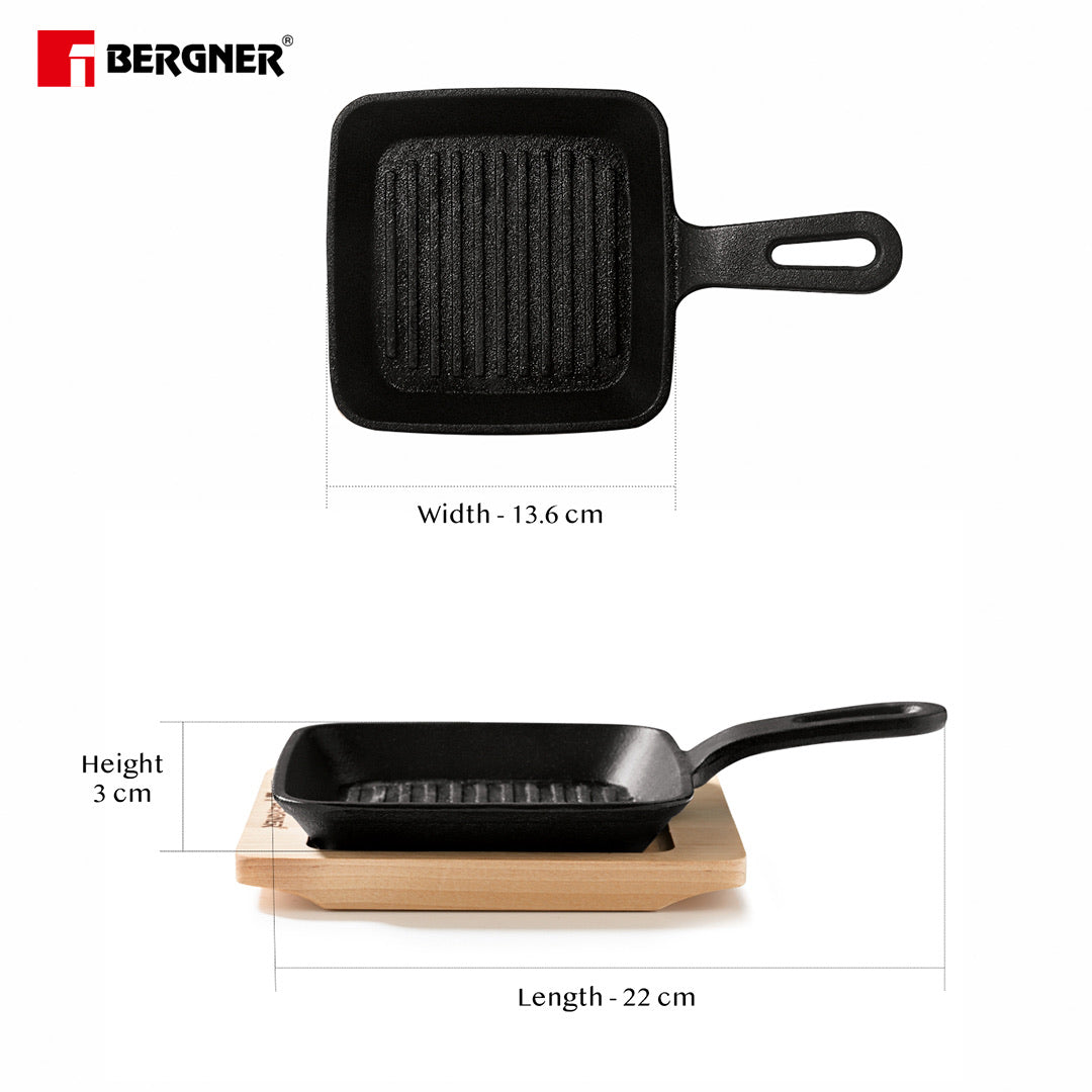 Bergner Cook & Share 13cm (240ml) Cast Iron Mini Pan, Comes with Wooden Tray - Induction Bottom