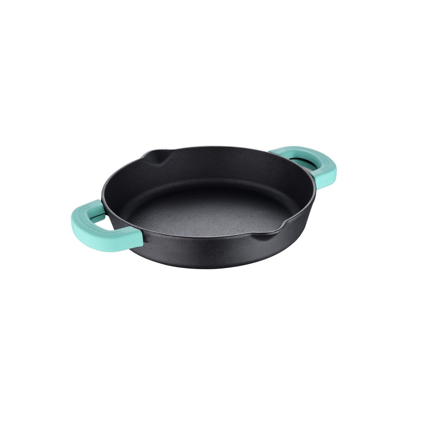 Bergner Elements Pre-Seasoned Cast Iron 24 cm Baking Pan, Comes with Silicon Handle Sleeves - Induction Bottom (Teal)