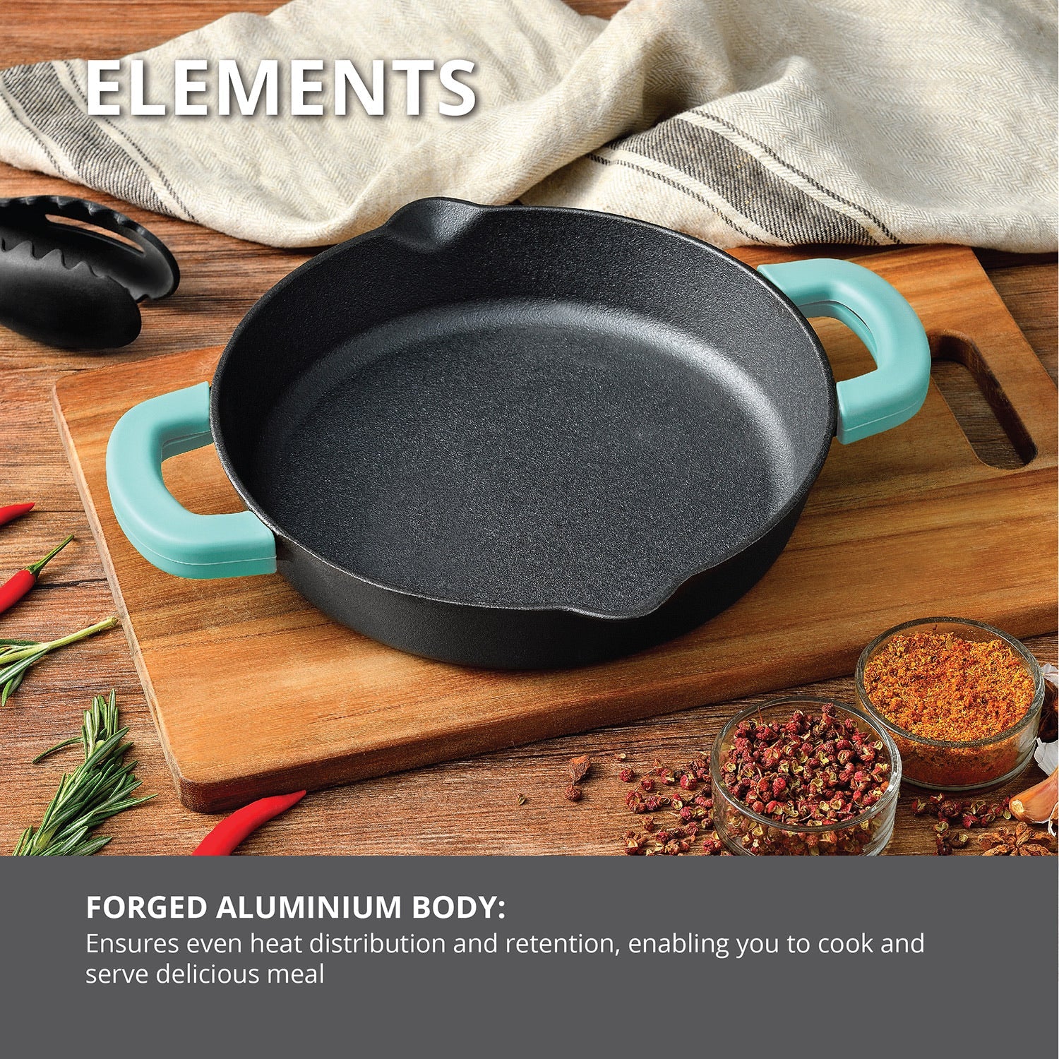 Bergner Elements Pre-Seasoned Cast Iron 24 cm Baking Pan, Comes with Silicon Handle Sleeves - Induction Bottom (Teal)