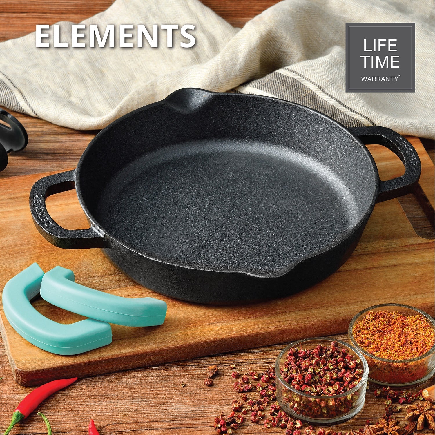 Bergner Elements Pre-Seasoned Cast Iron 24 cm Baking Pan, Comes with Silicon Handle Sleeves - Induction Bottom (Teal)