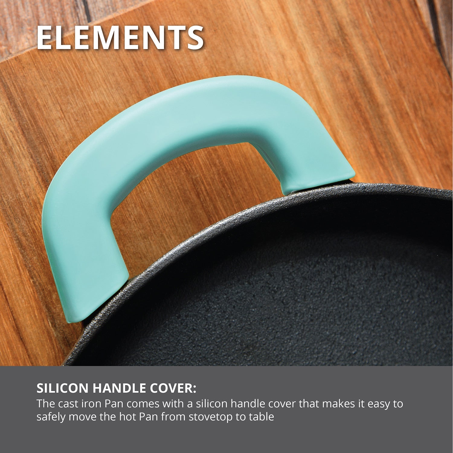 Bergner Elements Pre-Seasoned Cast Iron 24 cm Baking Pan, Comes with Silicon Handle Sleeves - Induction Bottom (Teal)