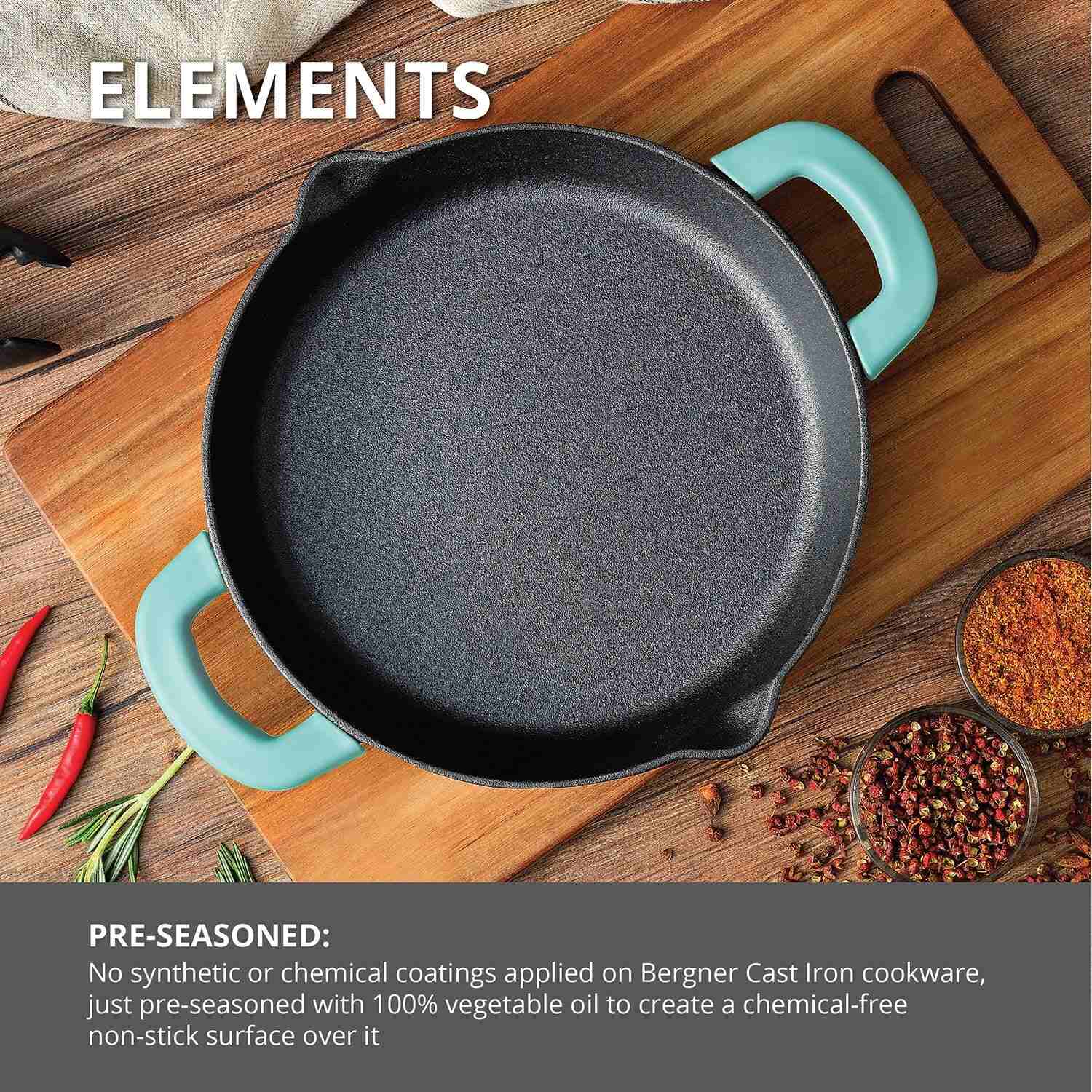 Bergner Elements Pre-Seasoned Cast Iron 24 cm Baking Pan, Comes with Silicon Handle Sleeves - Induction Bottom (Teal)