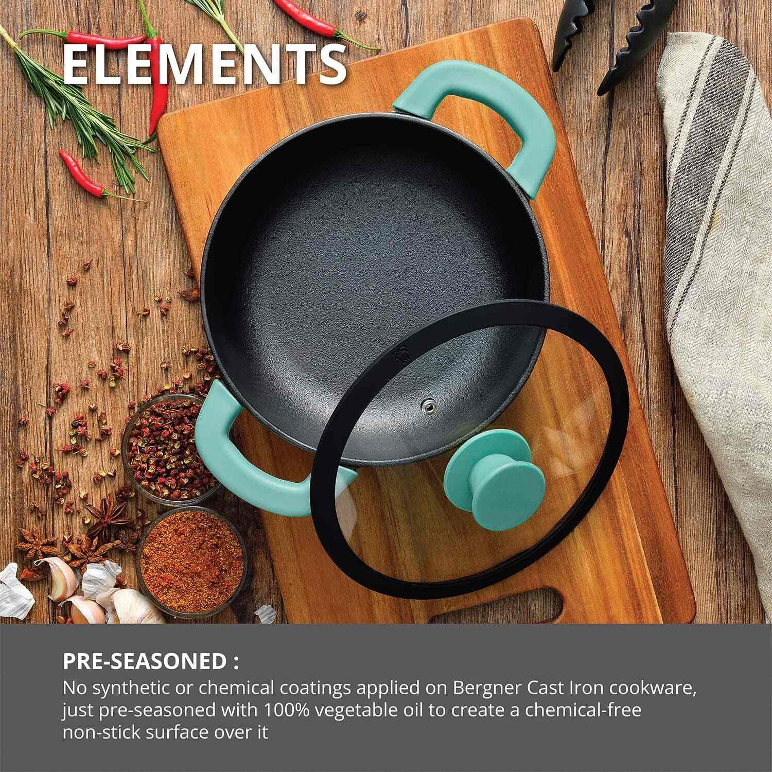 Bergner Elements Pre-Seasoned Cast Iron 24 cm Baking Pan, Comes with Silicon Handle Sleeves - Induction Bottom (Teal)