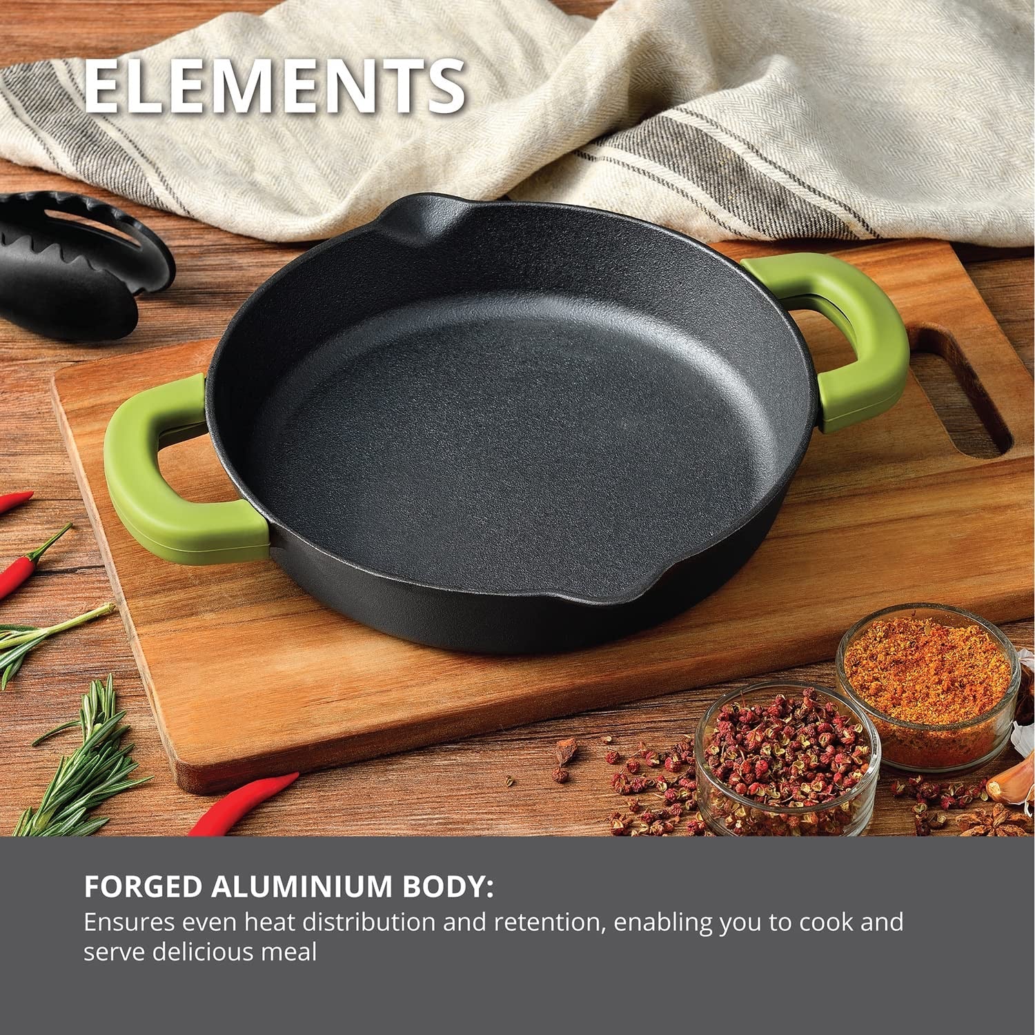 Bergner Elements Pre-Seasoned Cast Iron 24 cm Baking Pan, Comes with Silicon Handle Sleeves - Induction Bottom (Olive Green)