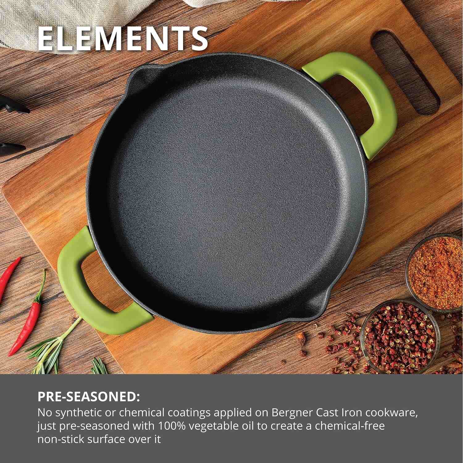 Bergner Elements Pre-Seasoned Cast Iron 24 cm Baking Pan, Comes with Silicon Handle Sleeves - Induction Bottom (Olive Green)