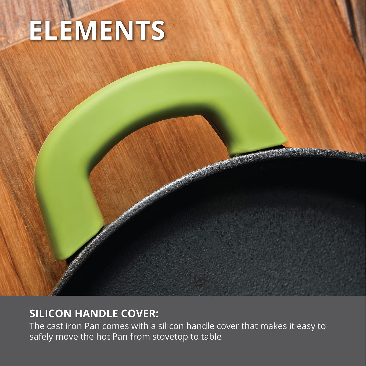 Bergner Elements Pre-Seasoned Cast Iron 24 cm Baking Pan, Comes with Silicon Handle Sleeves - Induction Bottom (Olive Green)