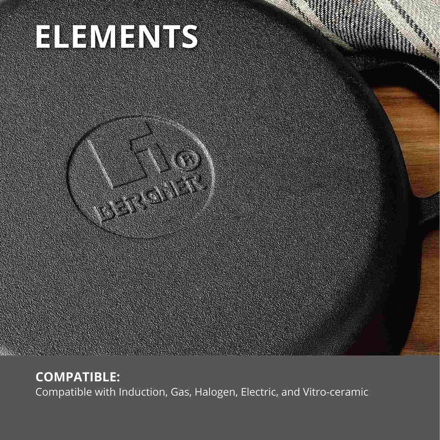 Bergner Elements Pre-Seasoned Cast Iron 24 cm Baking Pan, Comes with Silicon Handle Sleeves - Induction Bottom (Olive Green)