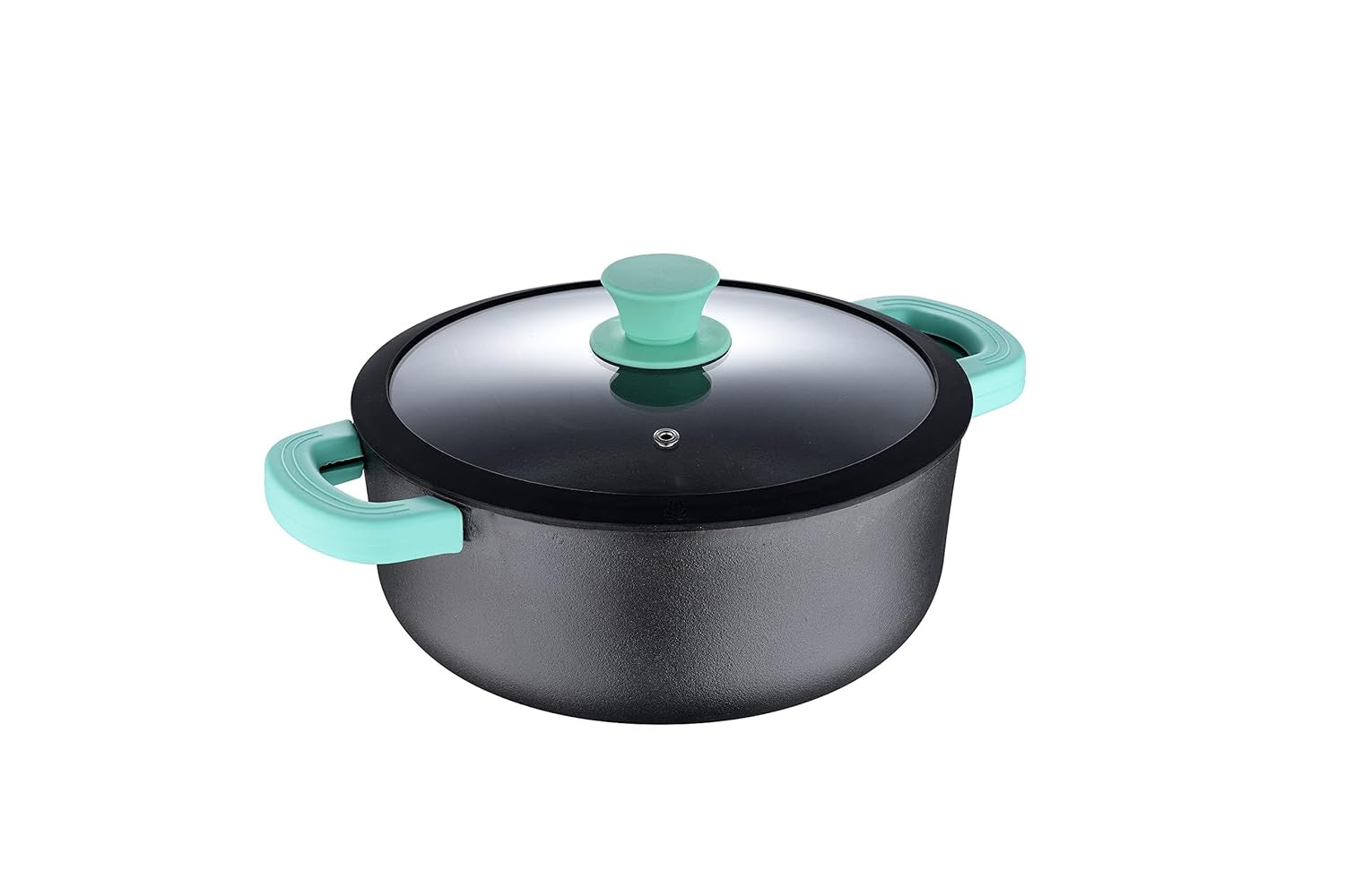 Bergner Elements Pre-Seasoned Cast Iron 20cm Casserole with Glass Lid, Comes with Silicon Handle Sleeves - Induction Compatible (Teal)