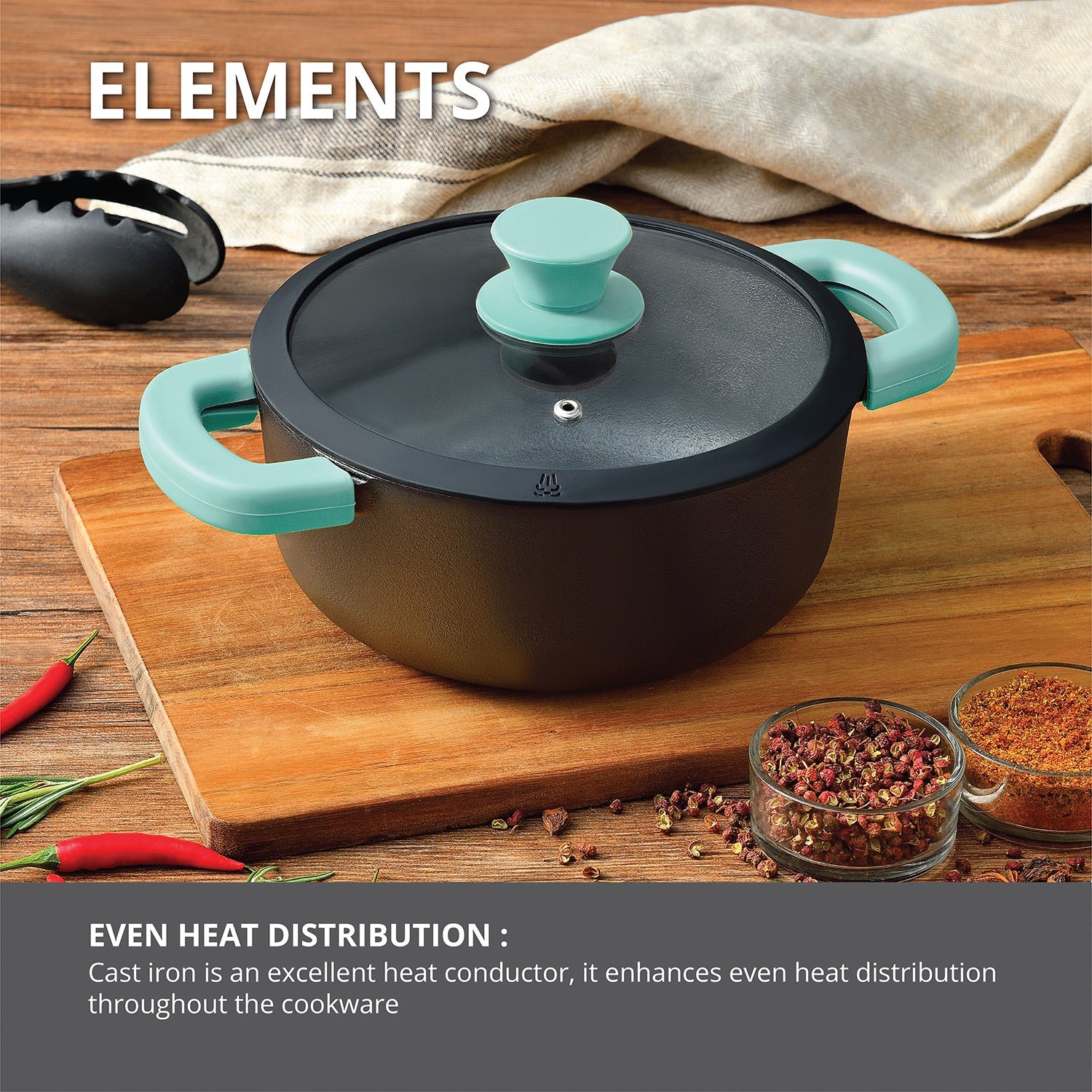 Bergner Elements Pre-Seasoned Cast Iron 20cm Casserole with Glass Lid, Comes with Silicon Handle Sleeves - Induction Compatible (Teal)