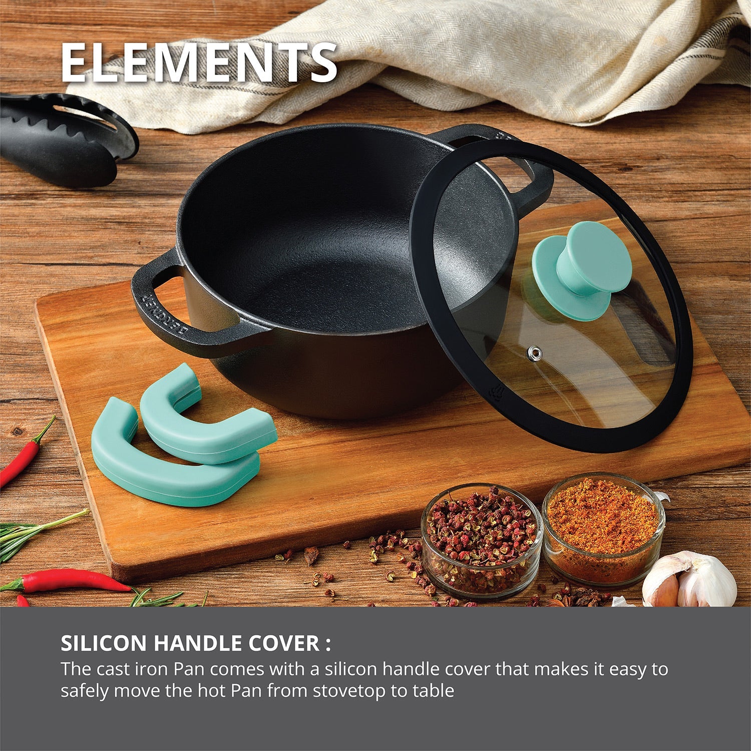 Bergner Elements Pre-Seasoned Cast Iron 20cm Casserole with Glass Lid, Comes with Silicon Handle Sleeves - Induction Compatible (Teal)