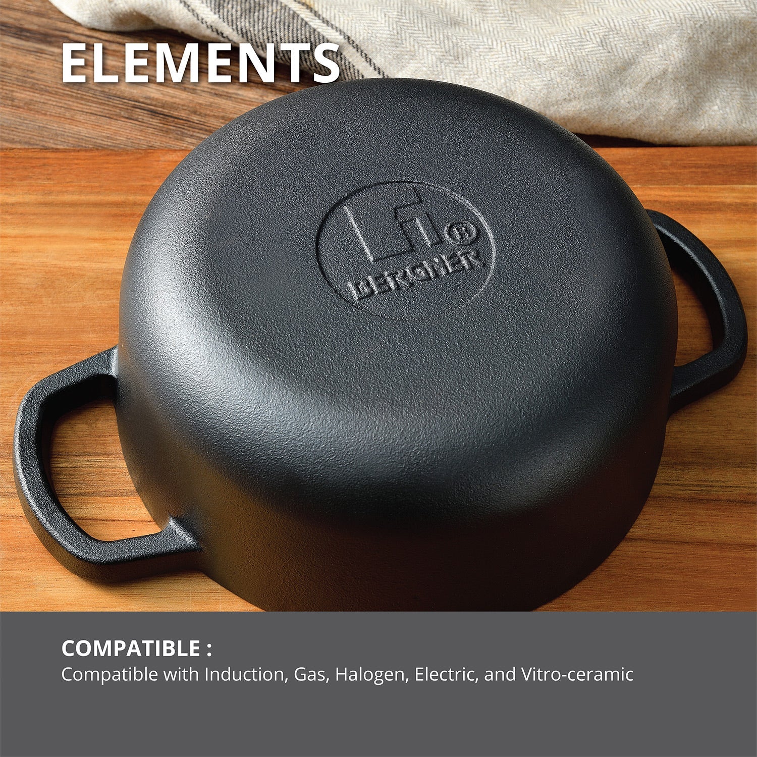 Bergner Elements Pre-Seasoned Cast Iron 20cm Casserole with Glass Lid, Comes with Silicon Handle Sleeves - Induction Compatible (Teal)