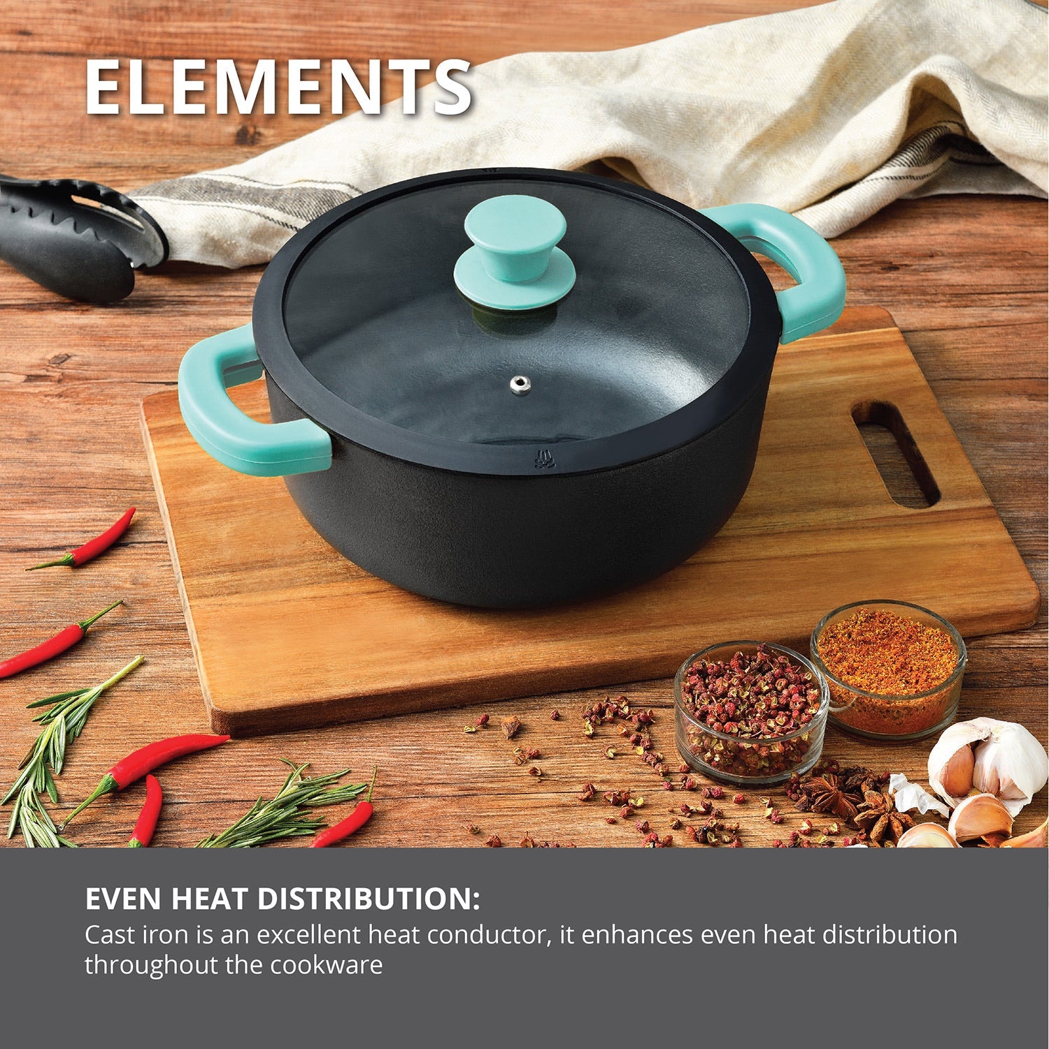 Bergner Elements Pre-Seasoned Cast Iron 24cm Casserole with Glass Lid, Comes with Silicon Handle Sleeves - Induction Compatible (Teal)