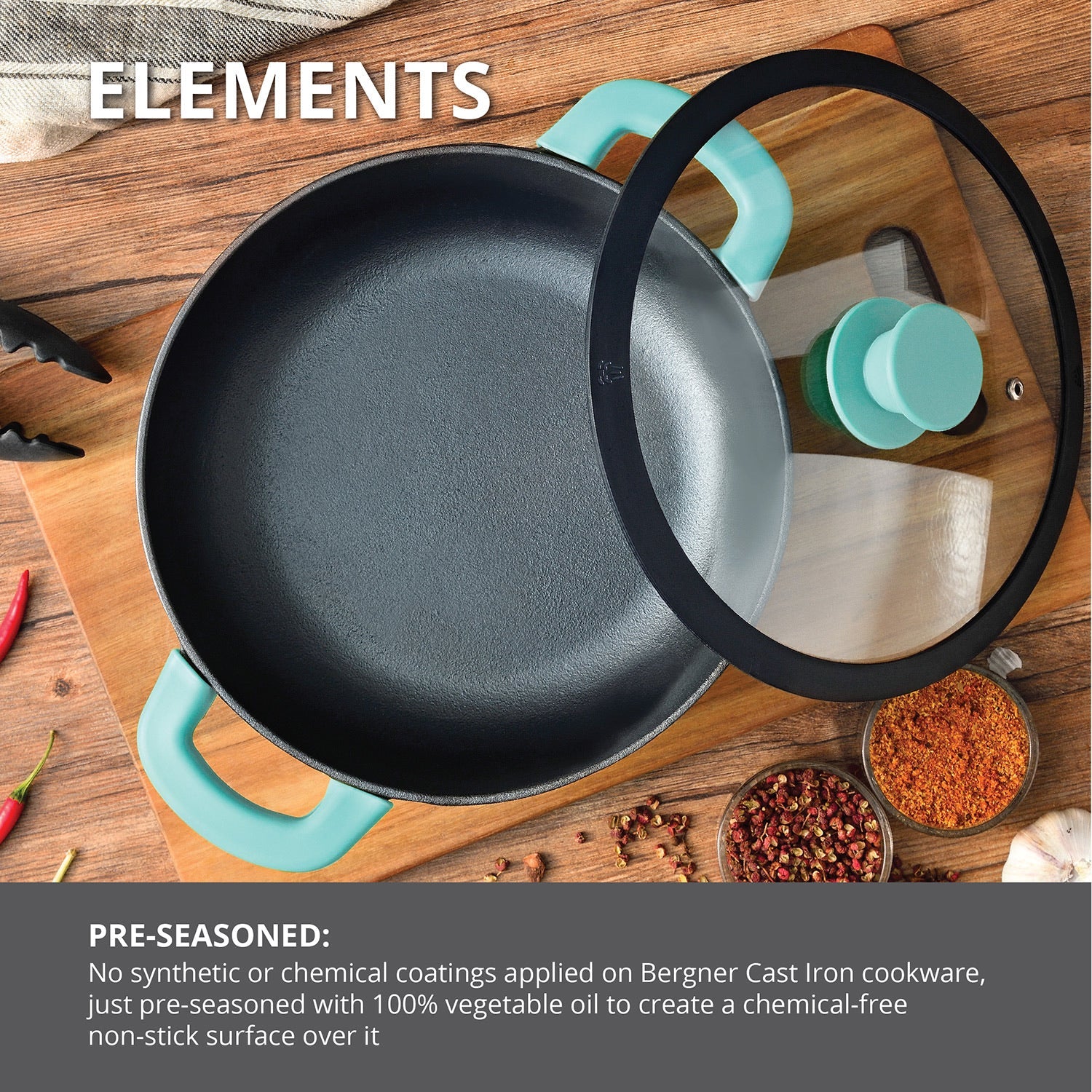 Bergner Elements Pre-Seasoned Cast Iron 24cm Casserole with Glass Lid, Comes with Silicon Handle Sleeves - Induction Compatible (Teal)