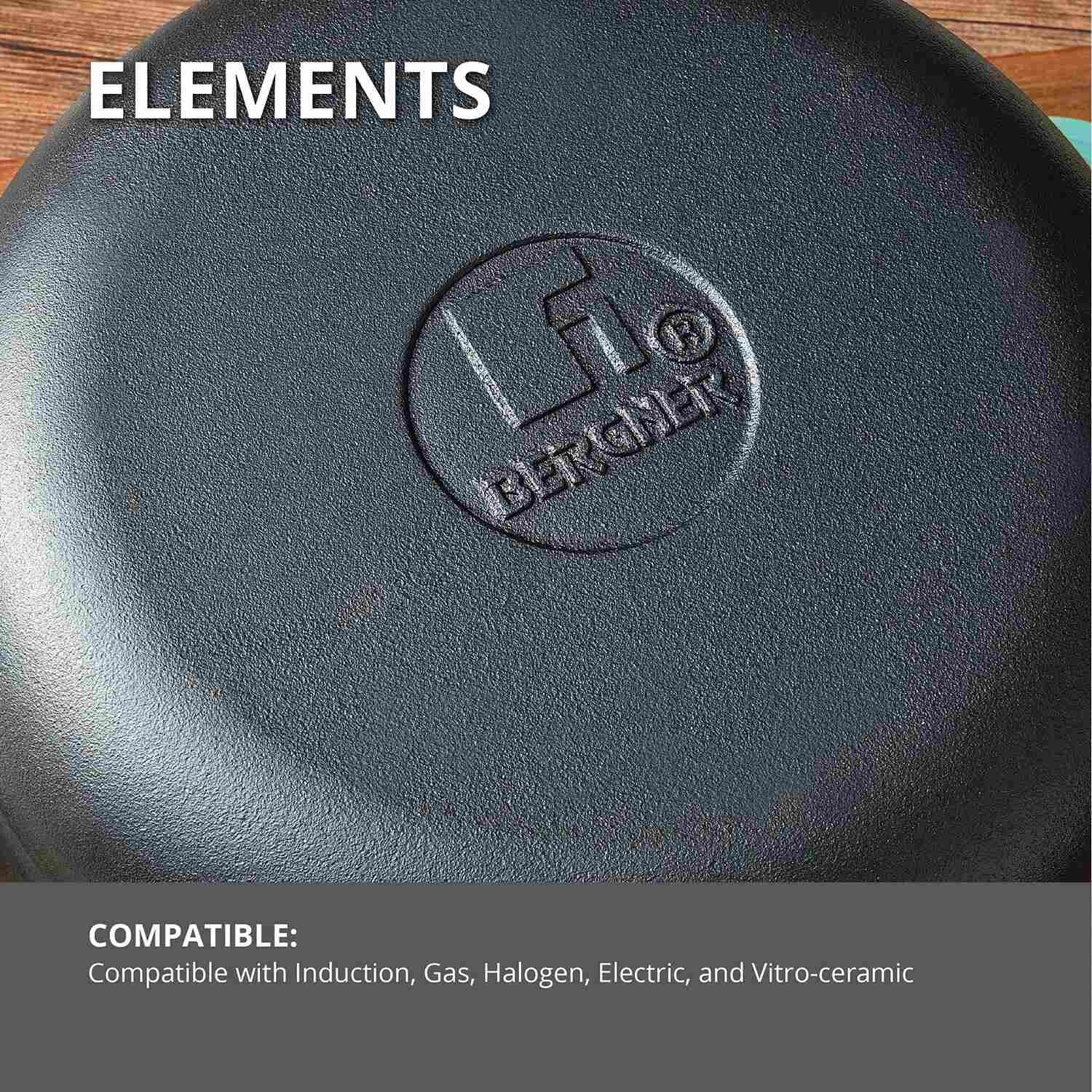 Bergner Elements Pre-Seasoned Cast Iron 24cm Casserole with Glass Lid, Comes with Silicon Handle Sleeves - Induction Compatible (Teal)