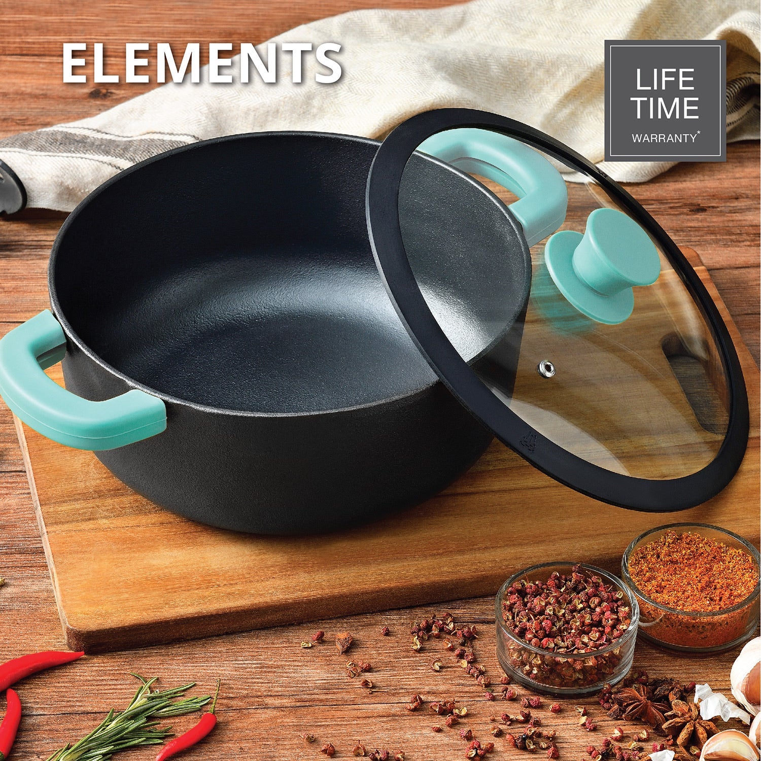 Bergner Elements Pre-Seasoned Cast Iron 24cm Casserole with Glass Lid, Comes with Silicon Handle Sleeves - Induction Compatible (Teal)