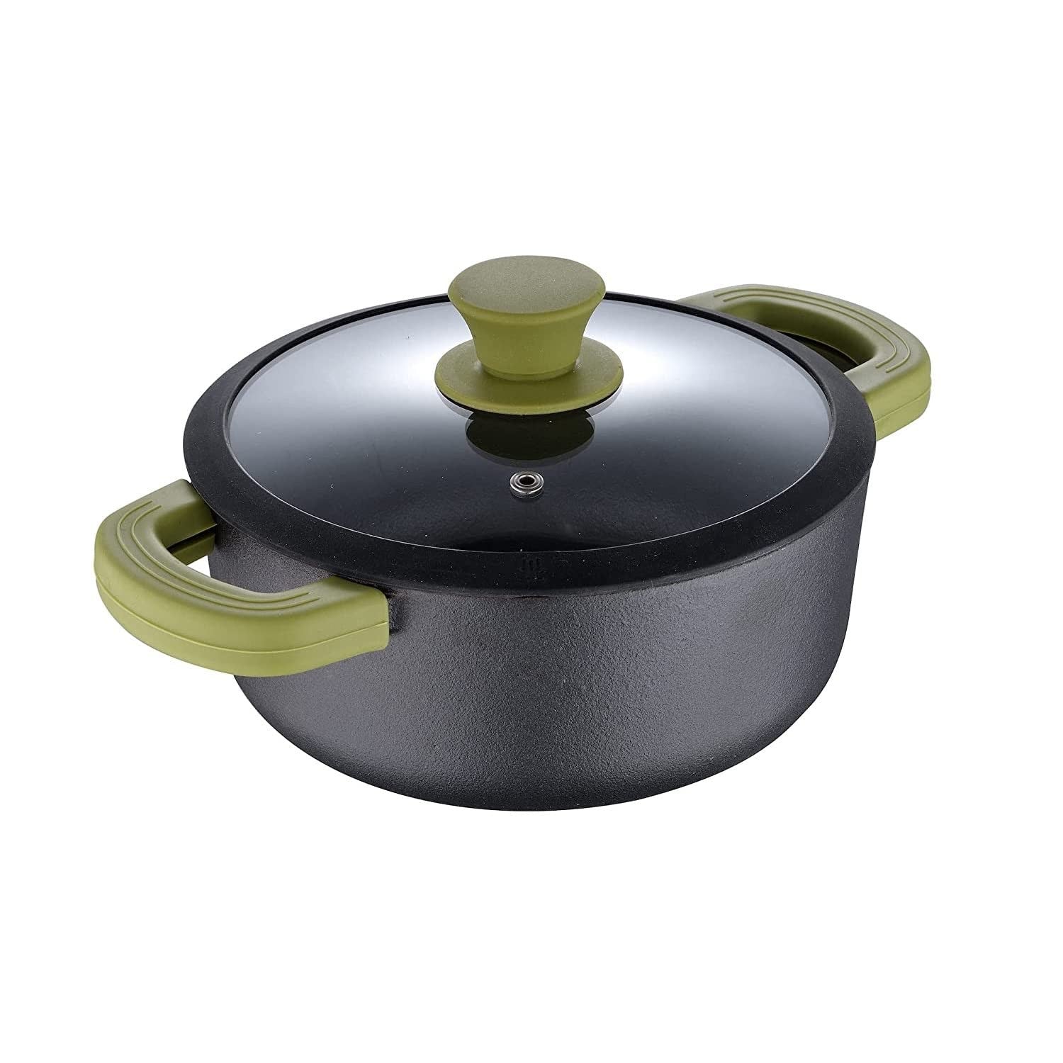 Bergner Elements Pre-Seasoned Cast Iron 24cm Casserole with Glass Lid, Comes with Silicon Handle Sleeves - Induction Compatible (Olive Green)