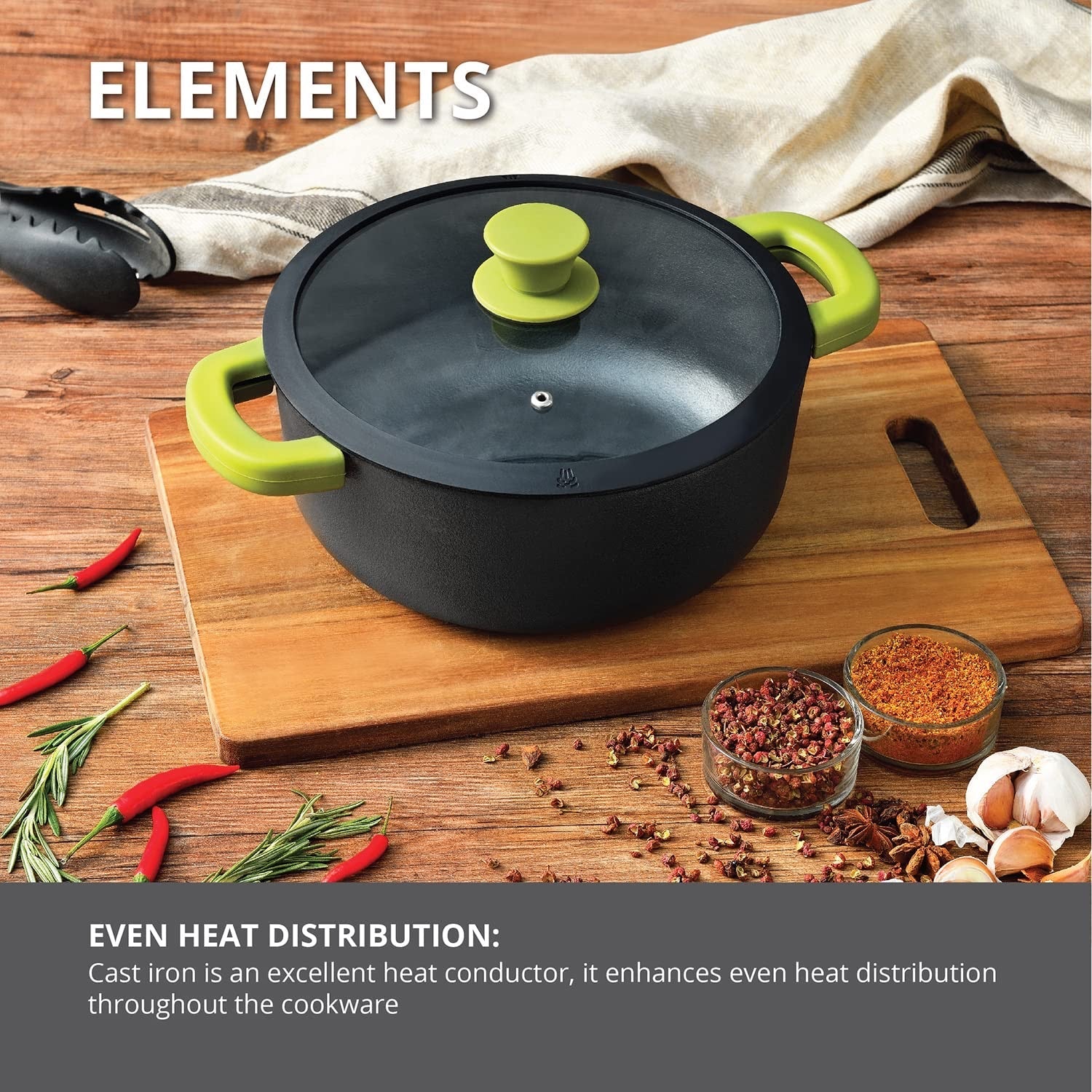 Bergner Elements Pre-Seasoned Cast Iron 24cm Casserole with Glass Lid, Comes with Silicon Handle Sleeves - Induction Compatible (Olive Green)