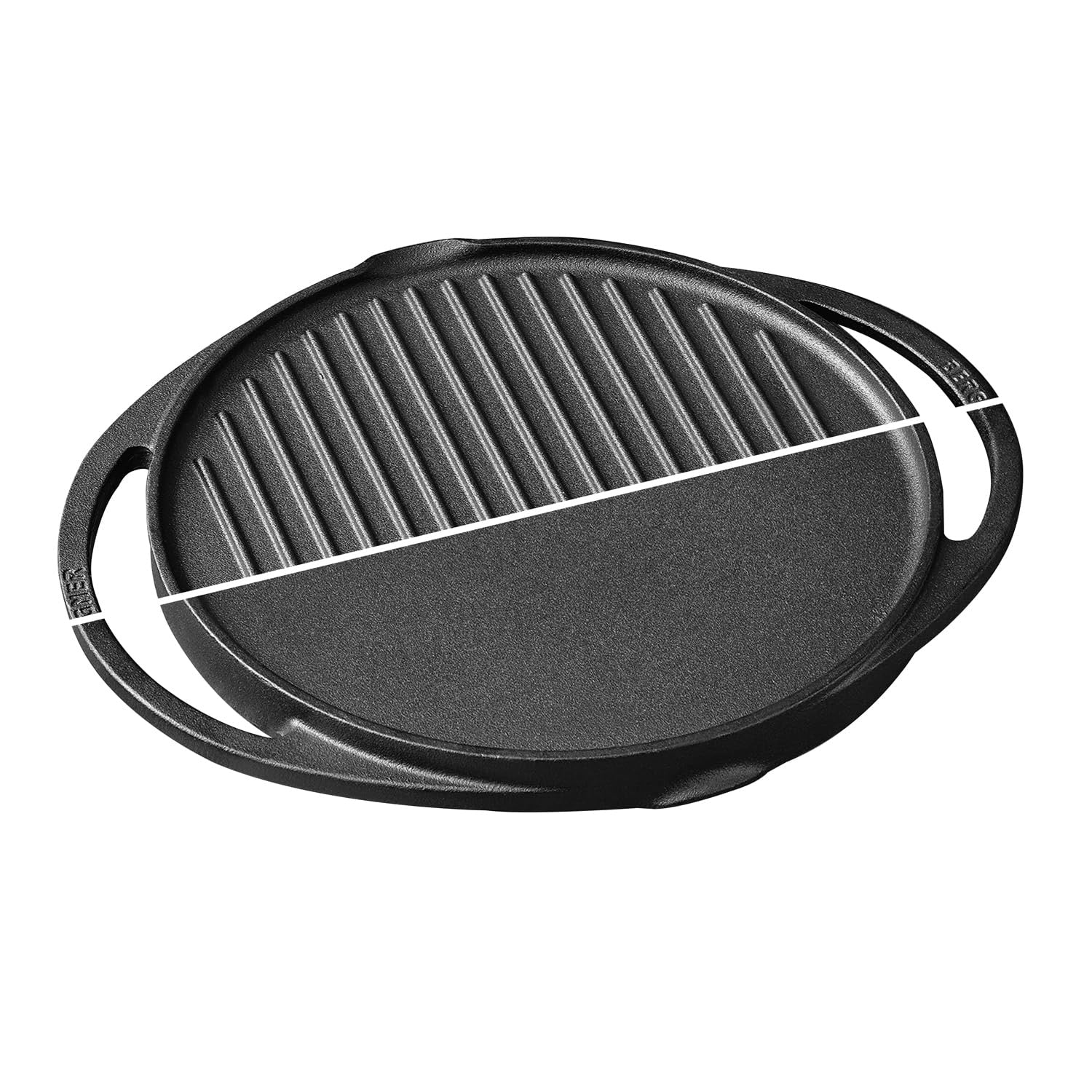 Bergner Elements Pre-Seasoned Cast Iron 32 cm Double Sided Grill Pan, Comes with Silicon Handle Sleeves - Induction Bottom (Olive Green)