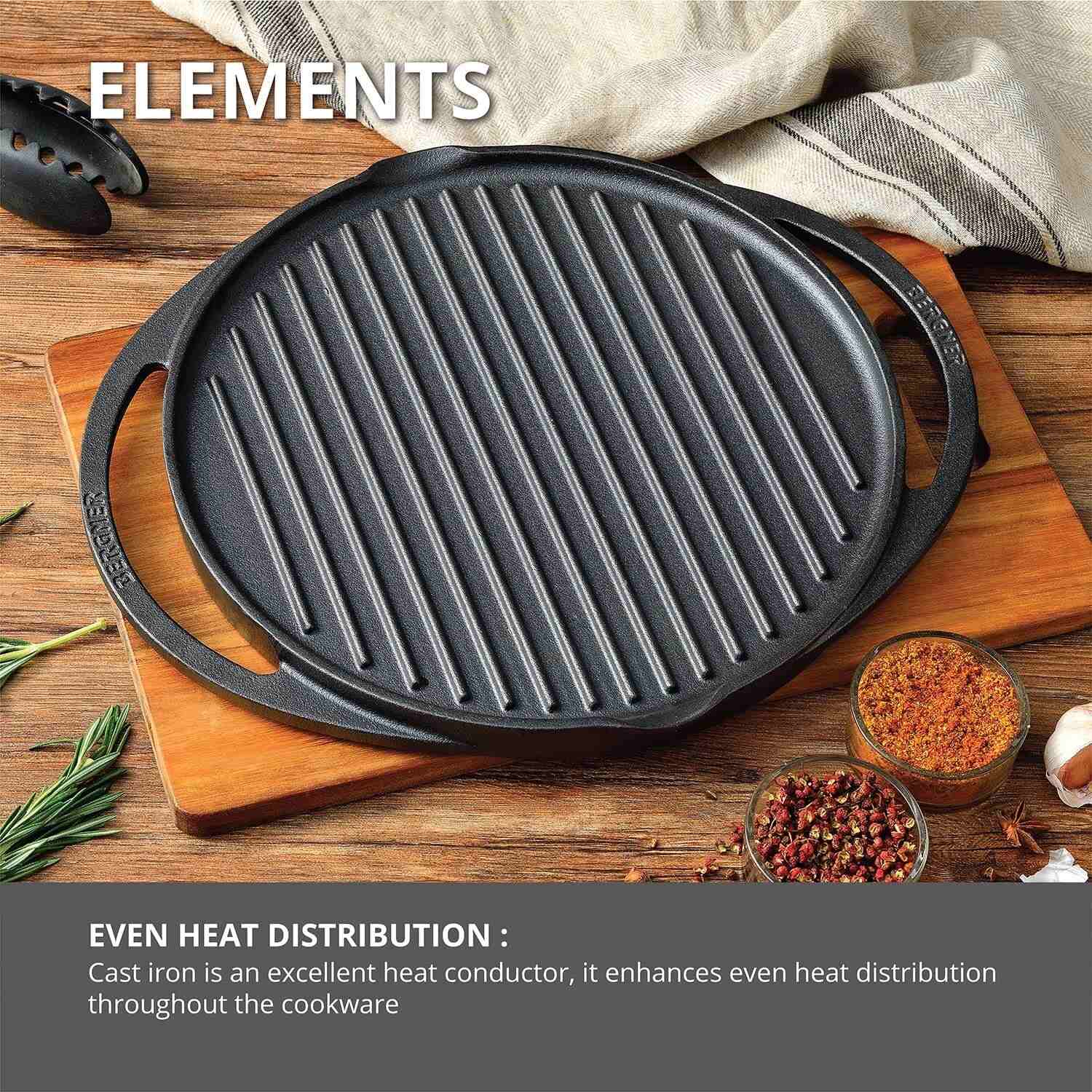 Bergner Elements Pre-Seasoned Cast Iron 32 cm Double Sided Grill Pan, Comes with Silicon Handle Sleeves - Induction Bottom (Olive Green)