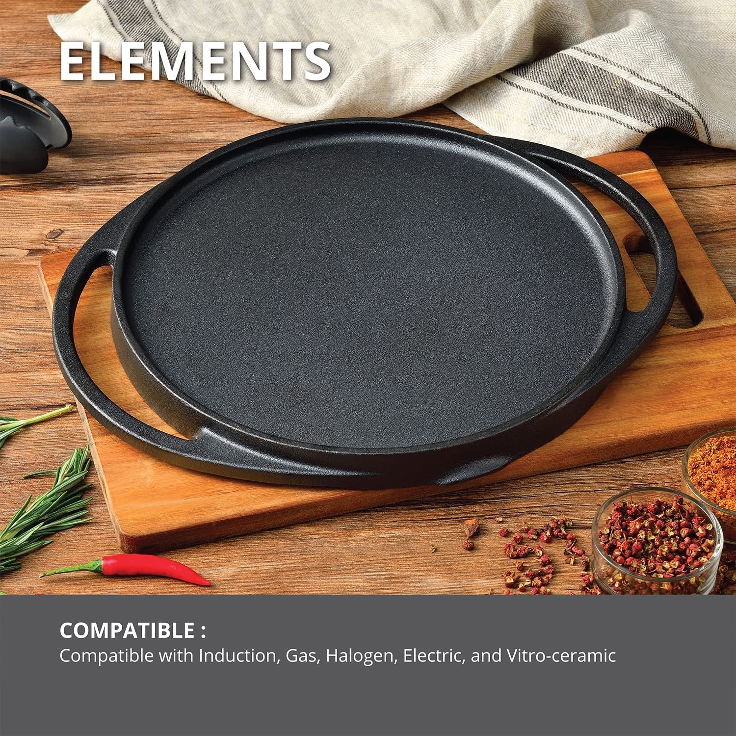 Bergner Elements Pre-Seasoned Cast Iron 32 cm Double Sided Grill Pan, Comes with Silicon Handle Sleeves - Induction Bottom (Olive Green)