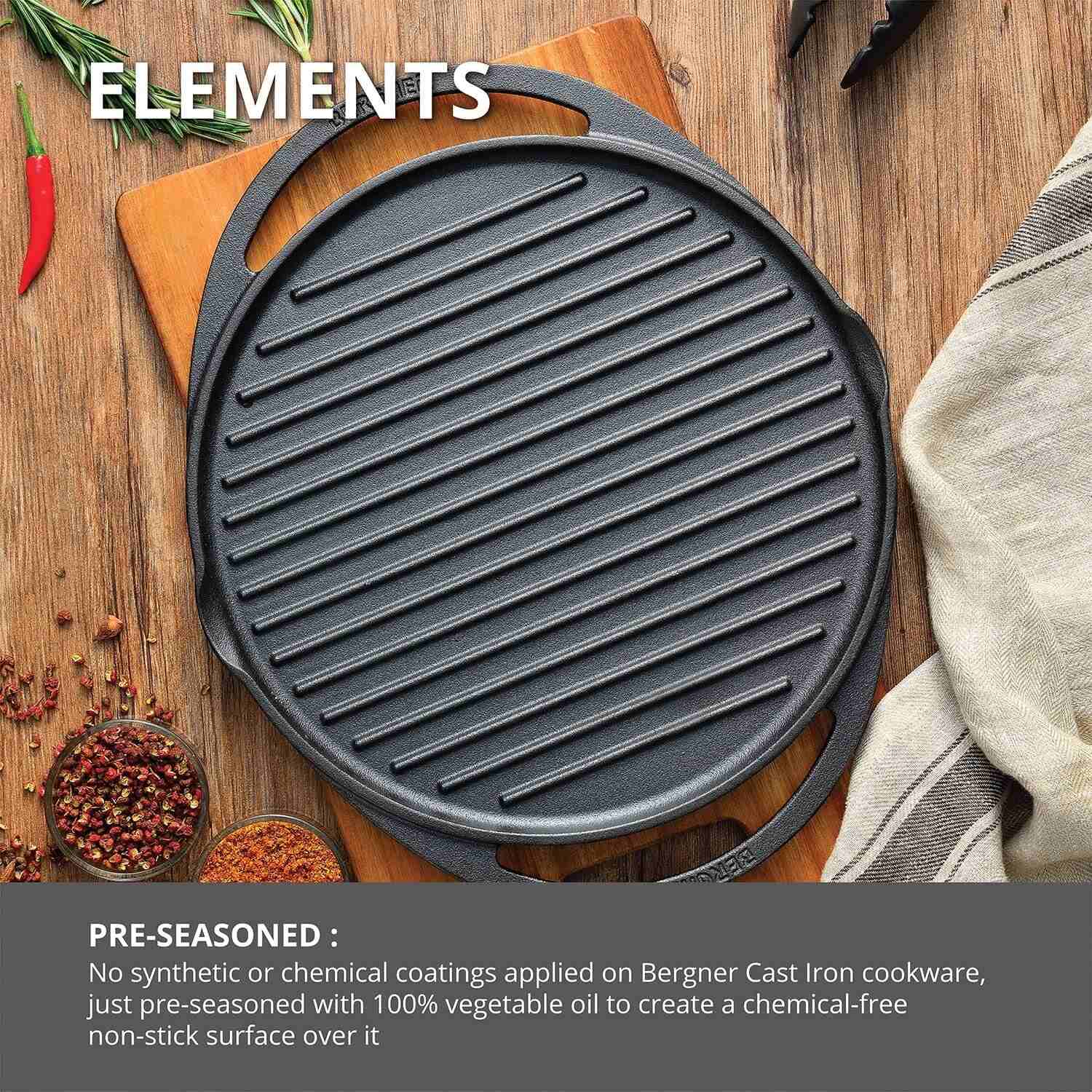 Bergner Elements Pre-Seasoned Cast Iron 32 cm Double Sided Grill Pan, Comes with Silicon Handle Sleeves - Induction Bottom (Olive Green)