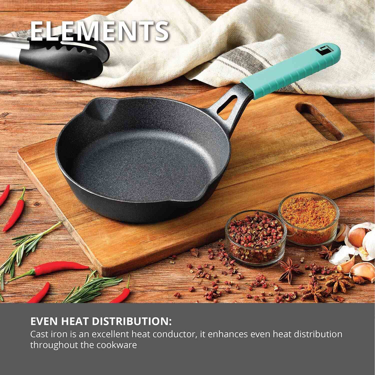 Bergner Elements Pre-Seasoned Cast Iron 20cm Frypan, Comes with Silicon Handle Sleeves, Induction Bottom (Teal)