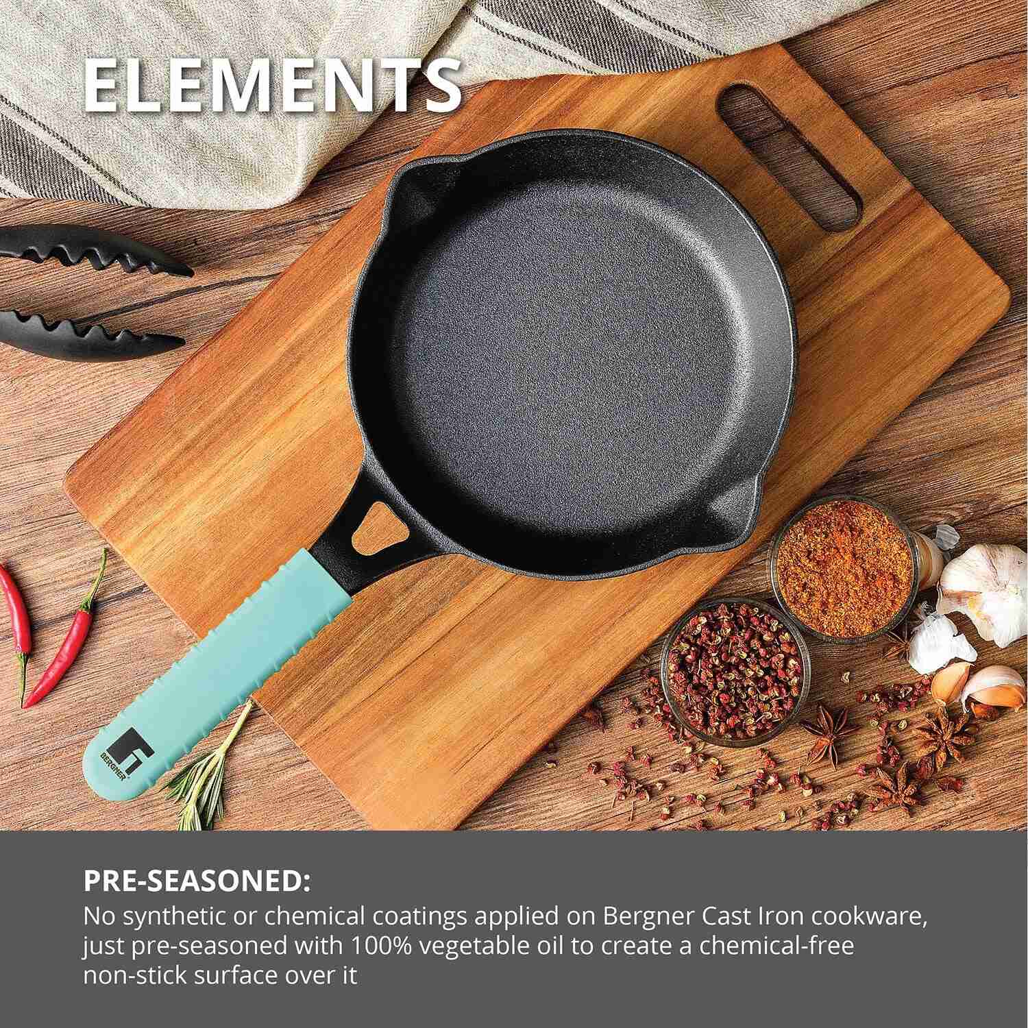 Bergner Elements Pre-Seasoned Cast Iron 20cm Frypan, Comes with Silicon Handle Sleeves, Induction Bottom (Teal)