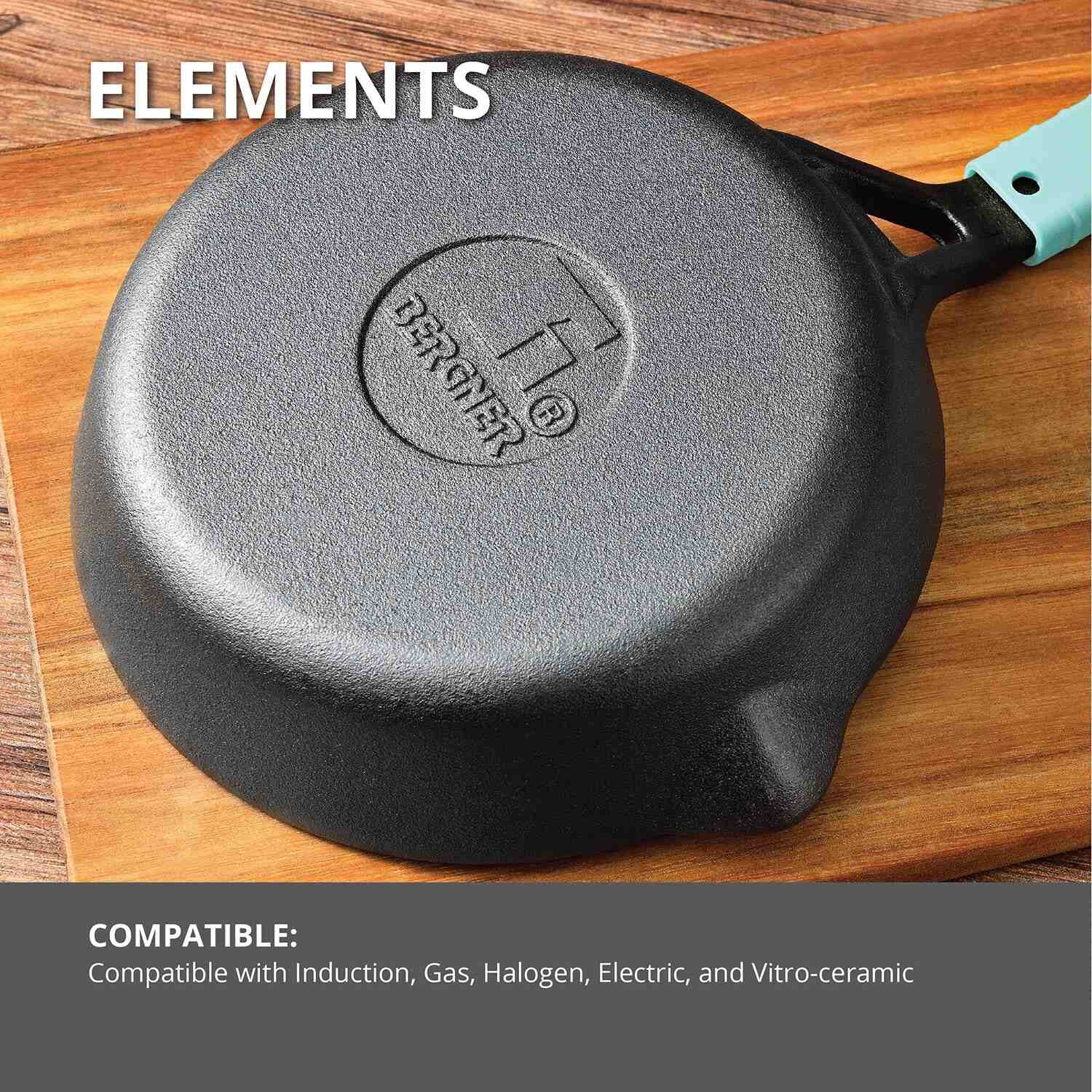 Bergner Elements Pre-Seasoned Cast Iron 20cm Frypan, Comes with Silicon Handle Sleeves, Induction Bottom (Teal)