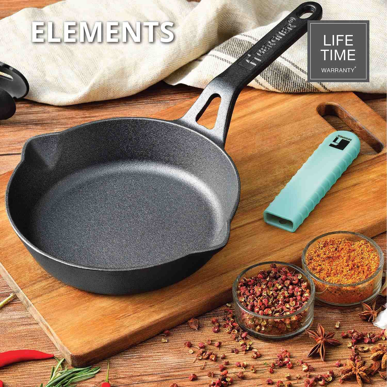 Bergner Elements Pre-Seasoned Cast Iron 20cm Frypan, Comes with Silicon Handle Sleeves, Induction Bottom (Teal)